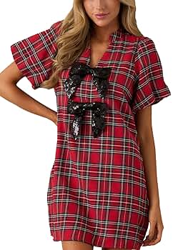 Women Plaid Mini Dress V Neck Lantern Short Sleeve Bow Front
