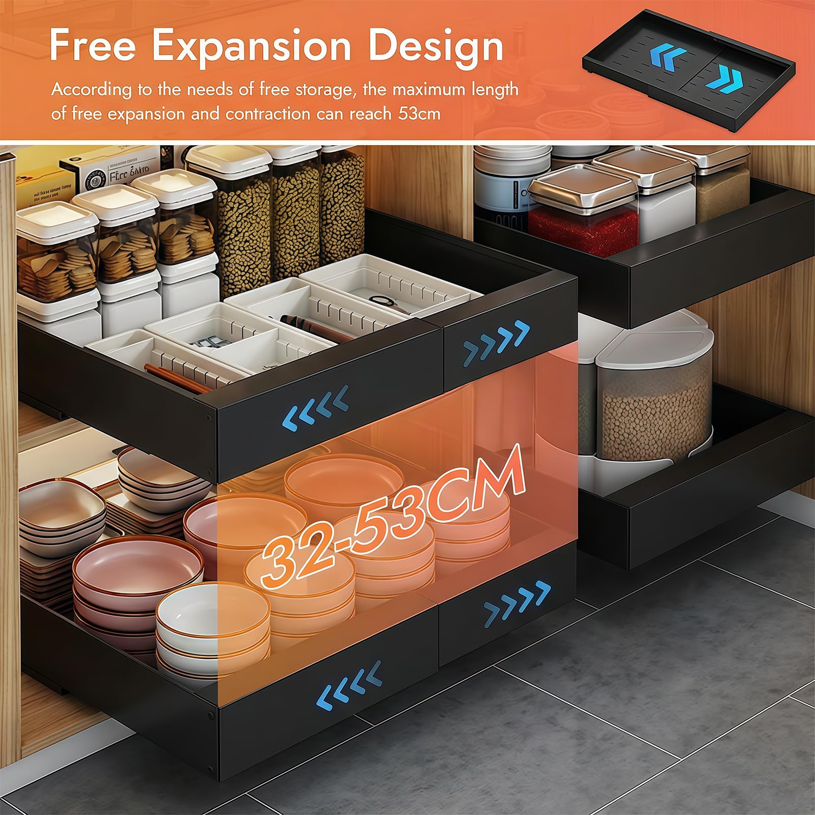 2 Pezzi Cassetto Telescopico per Cucina, Cassetto Estraibile per Mobile Cucina con Colla, Cassetto Organizzatore scorrevole telescopico, Larghezza Regolabile 32-53cm (Nero)