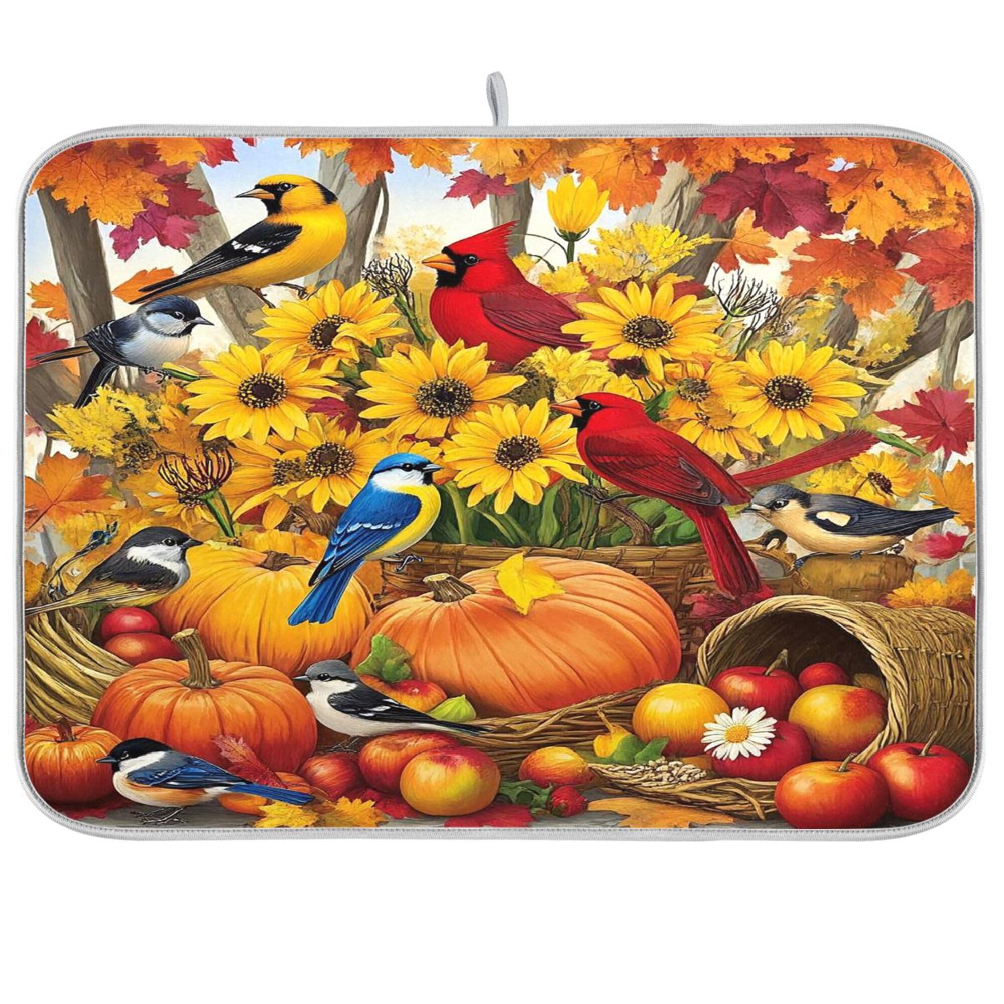 Fall Birds Dish Drying Mat for Kitchen Countertop 18x24 Autumn Pumpkin Sunflower Large Drying Mat Reusable Quick Dry Dish Sink Mats Easy Clean