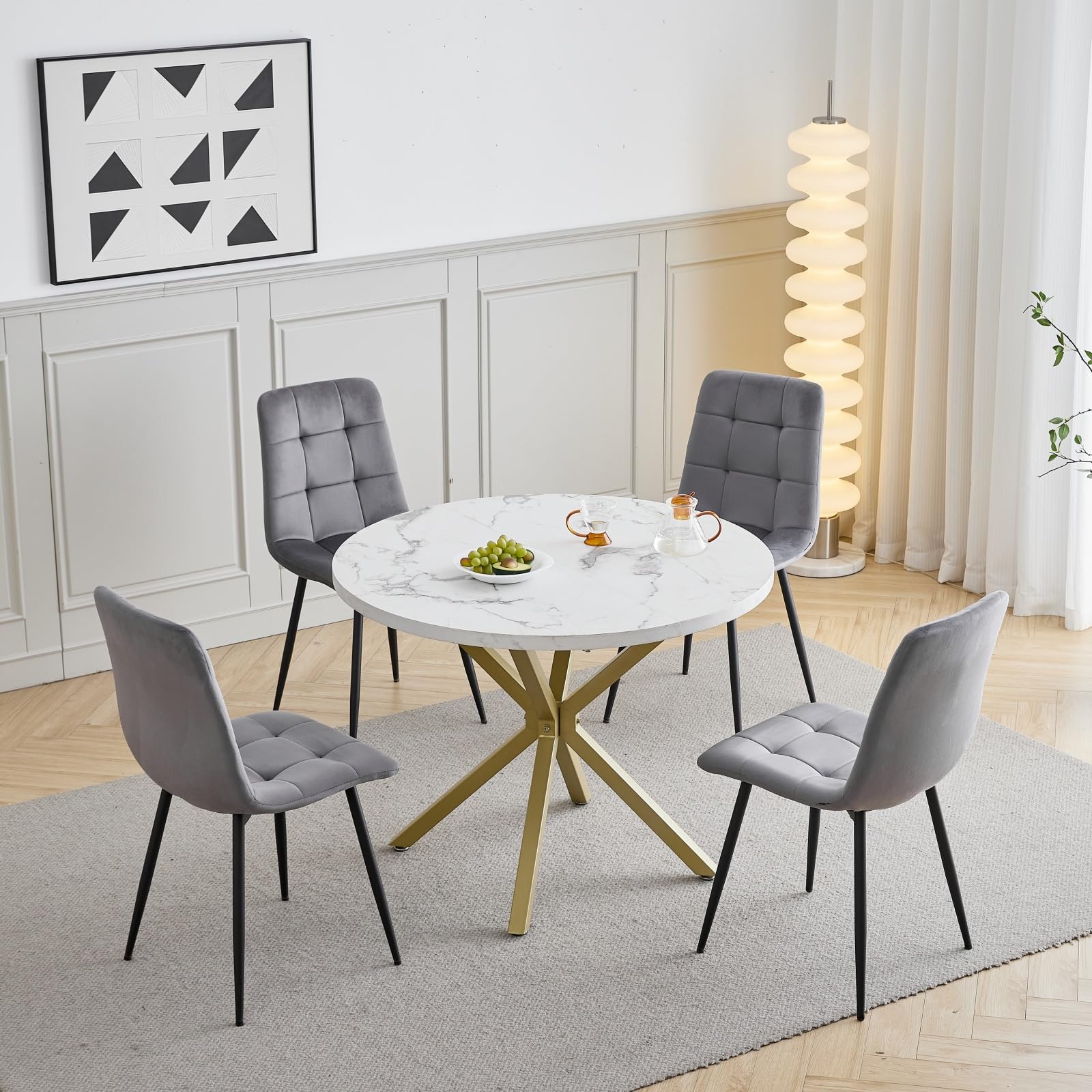 GrandCA HOME Conjunto de Mesa y Sillas de Comedor, 4 Sillas de Comedor de Terciopelo Holandés Gris y una Mesa de Comedor Redonda de 100 cm, Ideal para la Cocina y el Salón (Mármol Blanco 1)