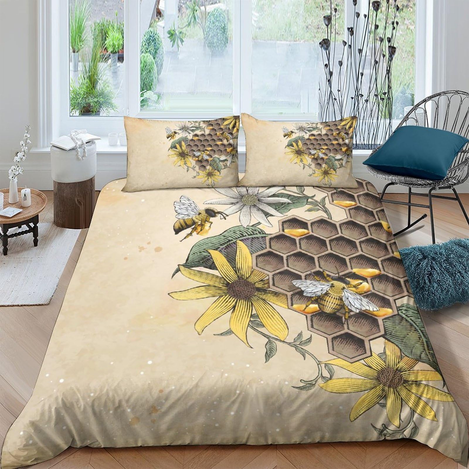 Ctjqhvkz Style-8 3D Printed Sunflower Bee Fitted Sheet Microfiber Non-Slip Bed Cover Bedroom Decor Machine Washable Single（135X200cm）