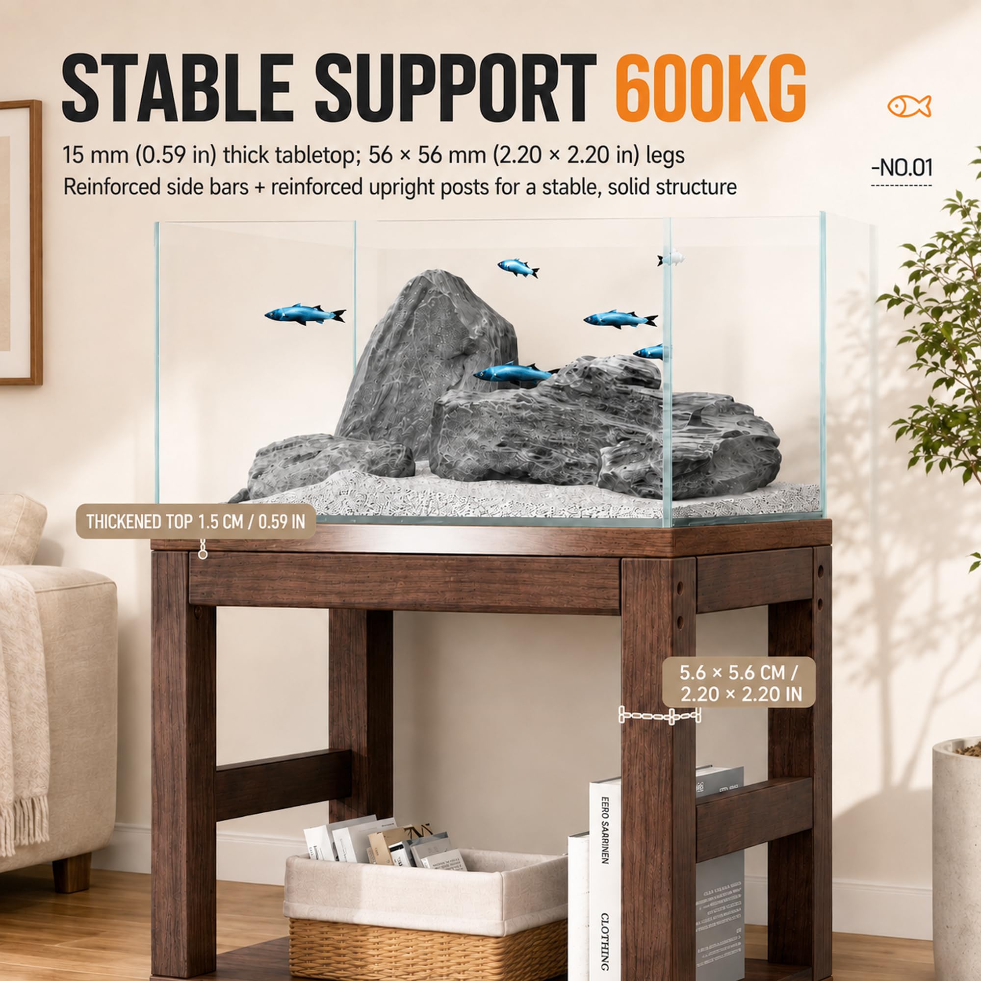 Mobile Acquario 45–80 Galloni con Ripiano, Supporto in Legno 600 kg | Telaio in Pino e Piano Composito per Acquari, Terrari, Rettili e Spazio Portaoggetti(Walnut color,70×45cm / 27.6×17.7in)