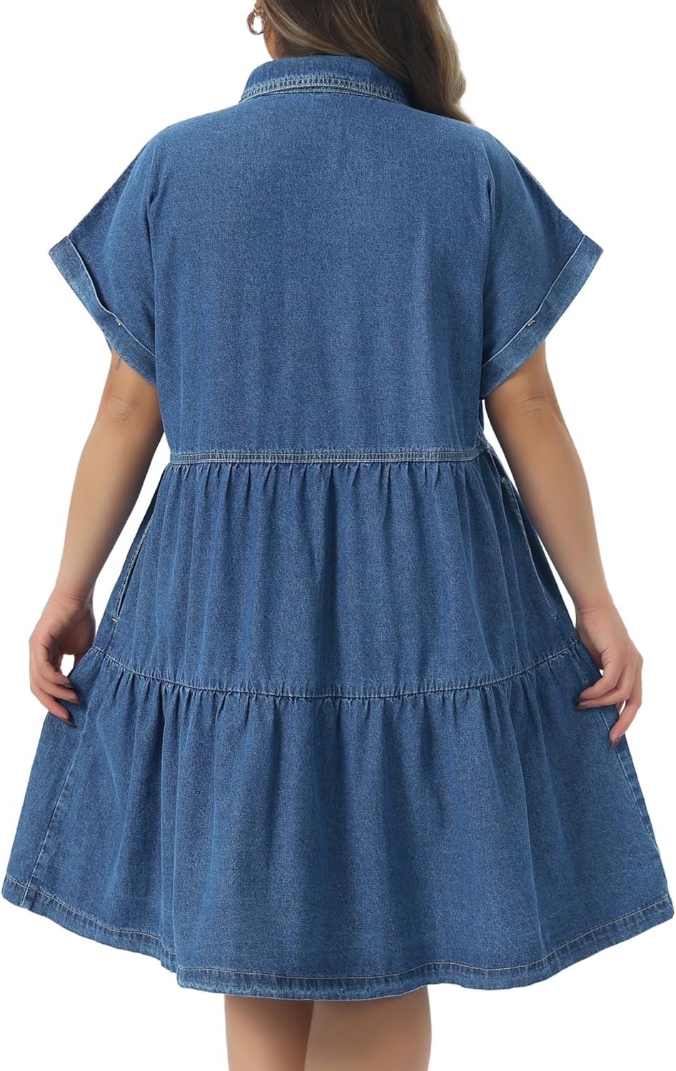 Agnes Orinda Plus Size Denim Babydoll Dress for Women Button Down Short Sleeve Tiered with Pockets Jean Dress - Image 4