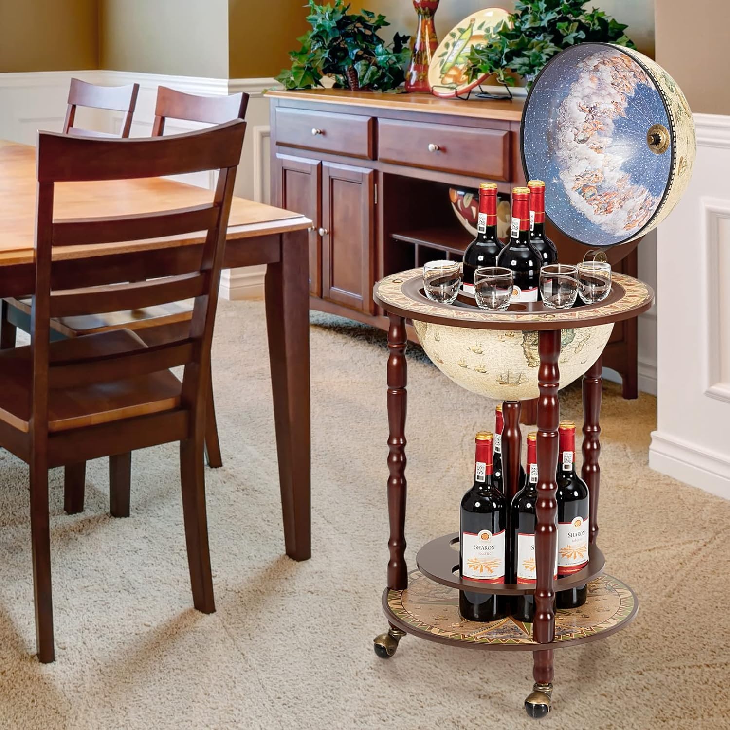MEDIMALL Wood Globe Bar Liquor Cabinet, 16th Century Italian Replica Bar Stand for Liquor, Wine, Stemware, Vintage Alcohol Cart w/Liquor Shelves, Globe Bar Cart for Living Room, Dining Room