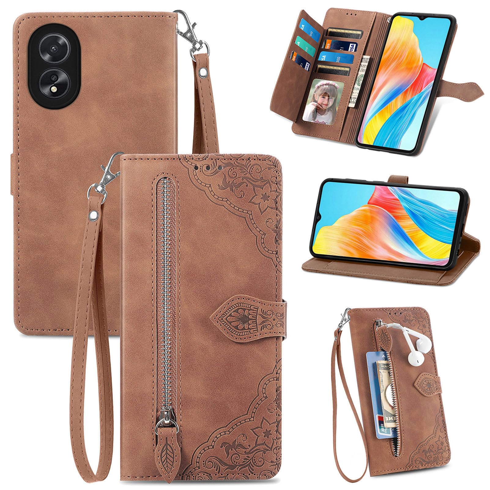 Fertuo Cover A Libro Per OPPO A38 E A18 Con Fiori – Custodia Portafoglio In PU Con Cinturino, Chiusura Magnetica E Tasca Zip, Viola - 2