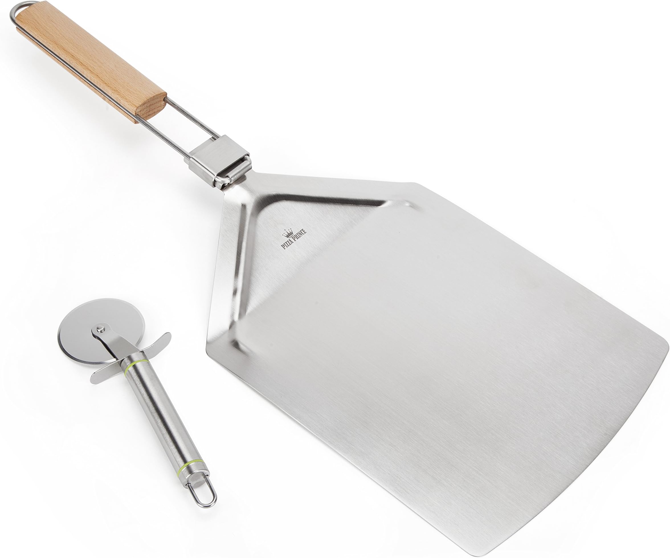 Pizza Paddle and Cutter Set. Premium Stainless Steel Peel. Folding. Beech Wood Handle. Use in The Kitchen or Outside Pizza Over. Brought to You by Pizza Prince.