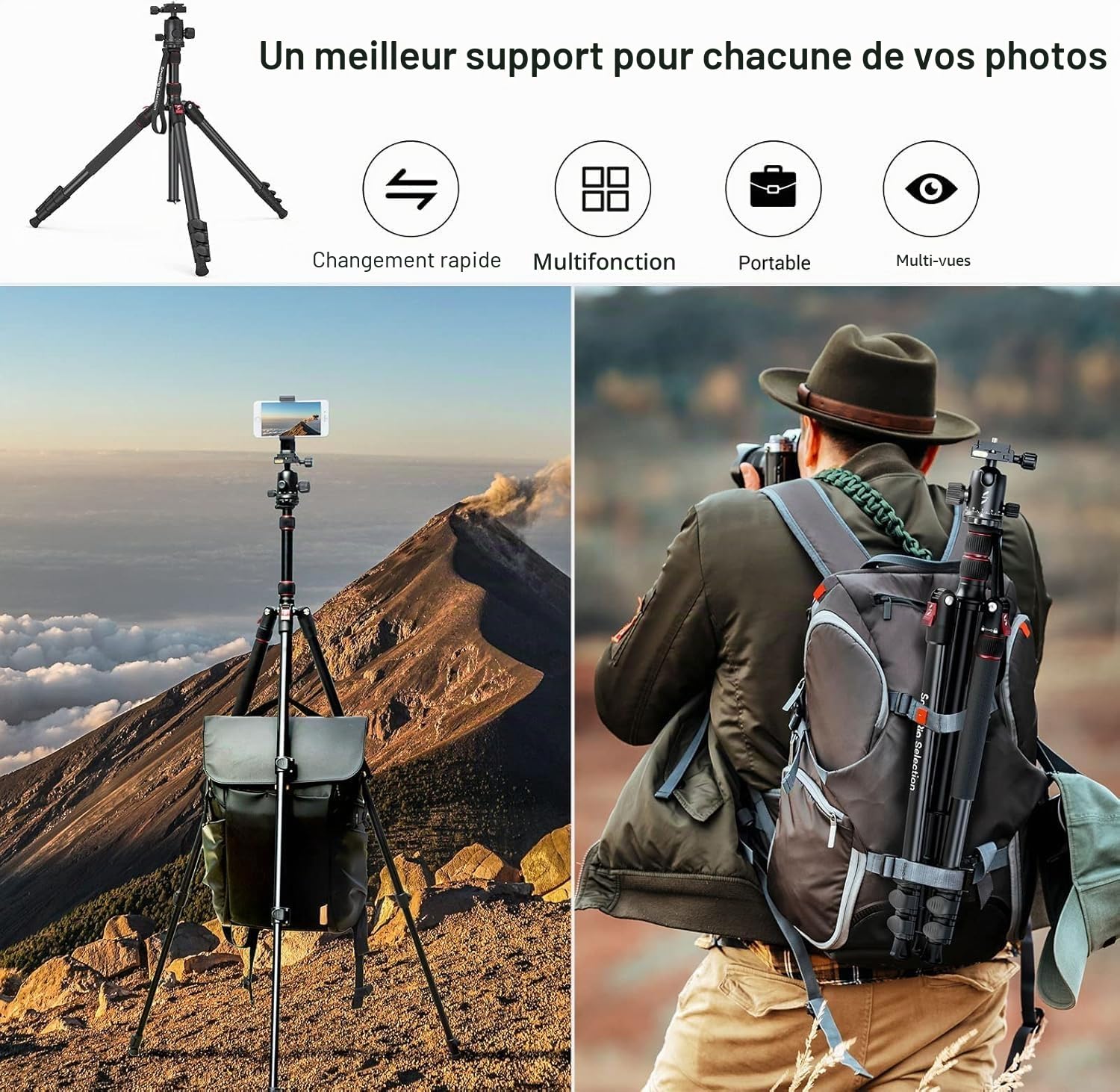 SMALLRIG Trépied CT-20 pour Appareil Photo, trépied et Monopode Pliable en Aluminium de 200 cm (78,7 Pouces), rotule détachable à 360°, Charge utile de 15 kg (33 LB)