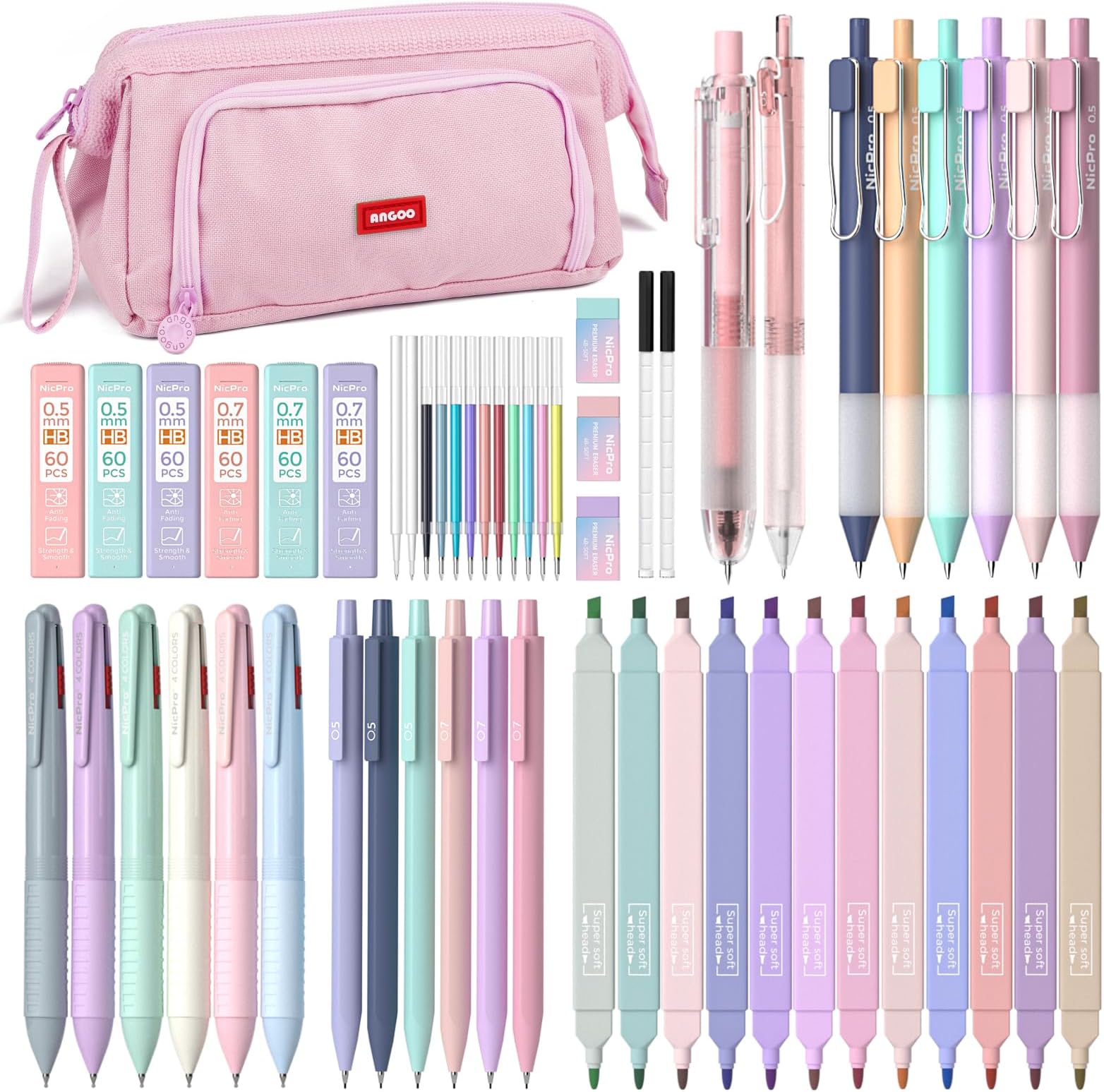 Nicpro 52PCS Aesthetic School Supplies with Cute Pencil Case, 12 Color Pastel Highlighter, 8 Gel Pens, 6 Multicolor Pen, 6 Mechanical Pencils 0.5 & 0.7 mm for Girls Student Stationary Set Preppy Stuff