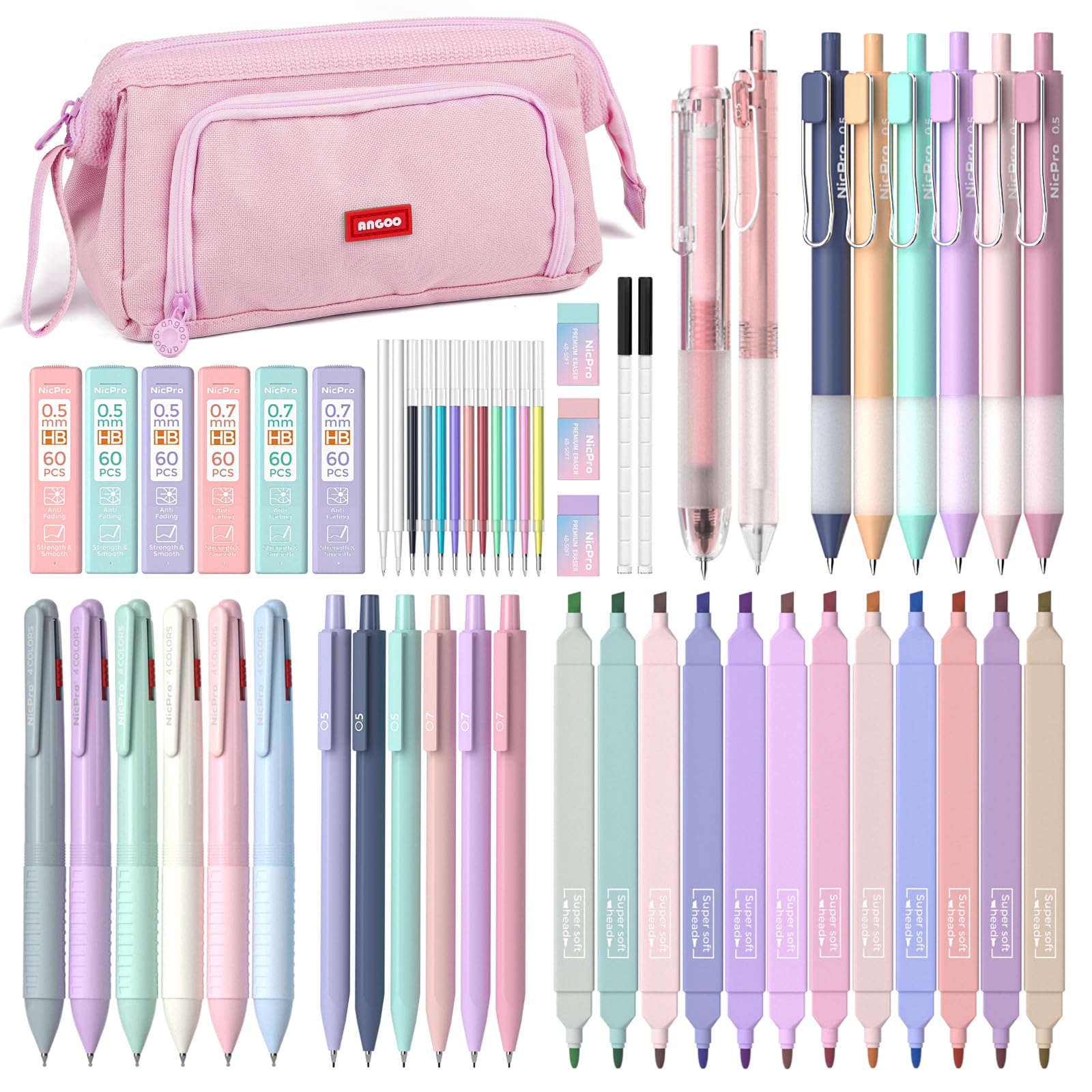 Nicpro 52 PCS Aesthetic School Supplies with Cute Pen Case, 12 Pastel Highlighter, 8 Color and Black Ink Gel Pens, 6 Ballpoint Pen, 6 Mechanical Pencils Set for Student Stationary College Essentials