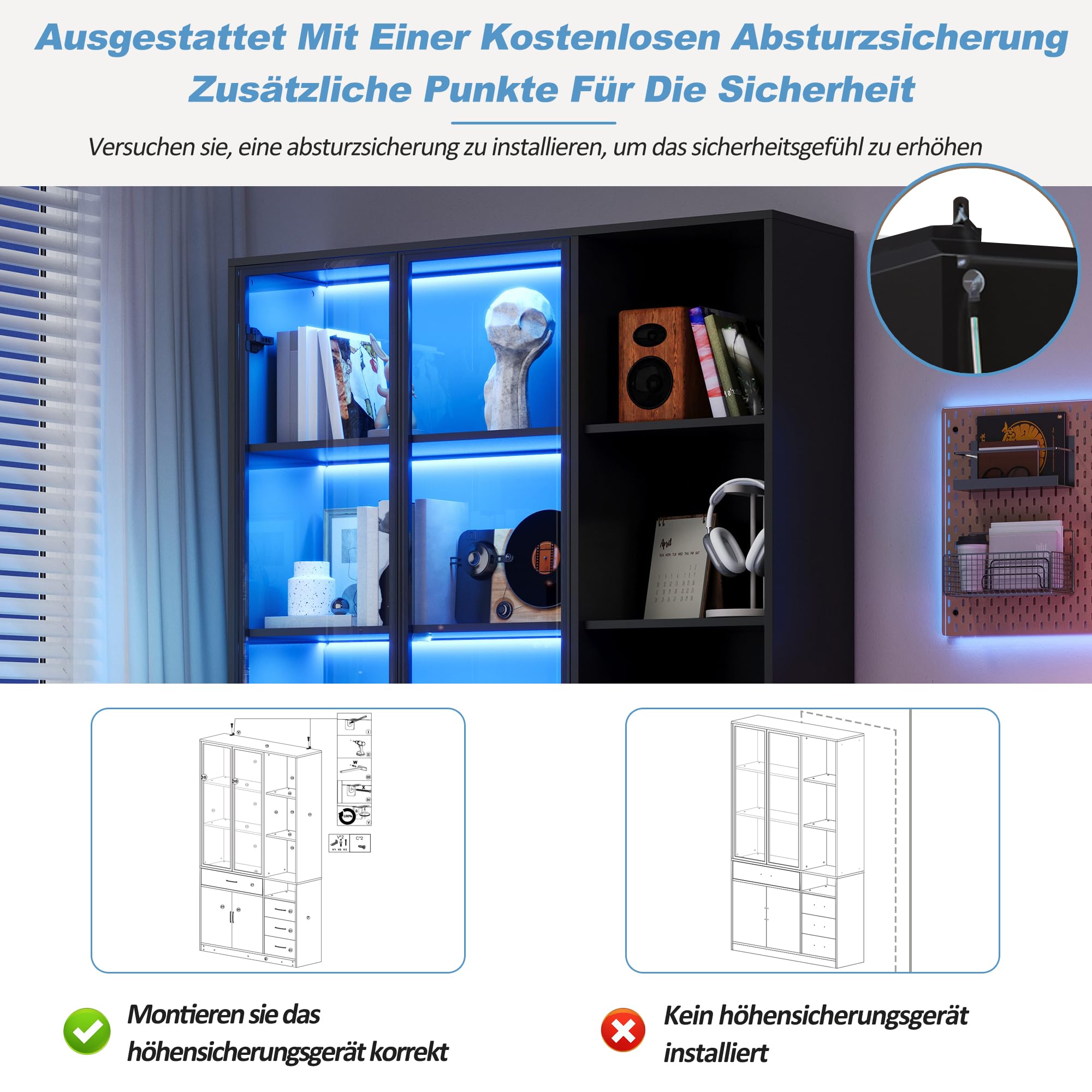 Kebnor Hochschrank mit Glasvitrine&LED,Bücherschrank mit13 Stauraumbereichen,4 Schubladen&Türen Vitrinen, Aufbewahrungsschränke,Schränke,Geeignet für Esszimmer und Wohnzimmer(120x35x200cm（Schwarz）)
