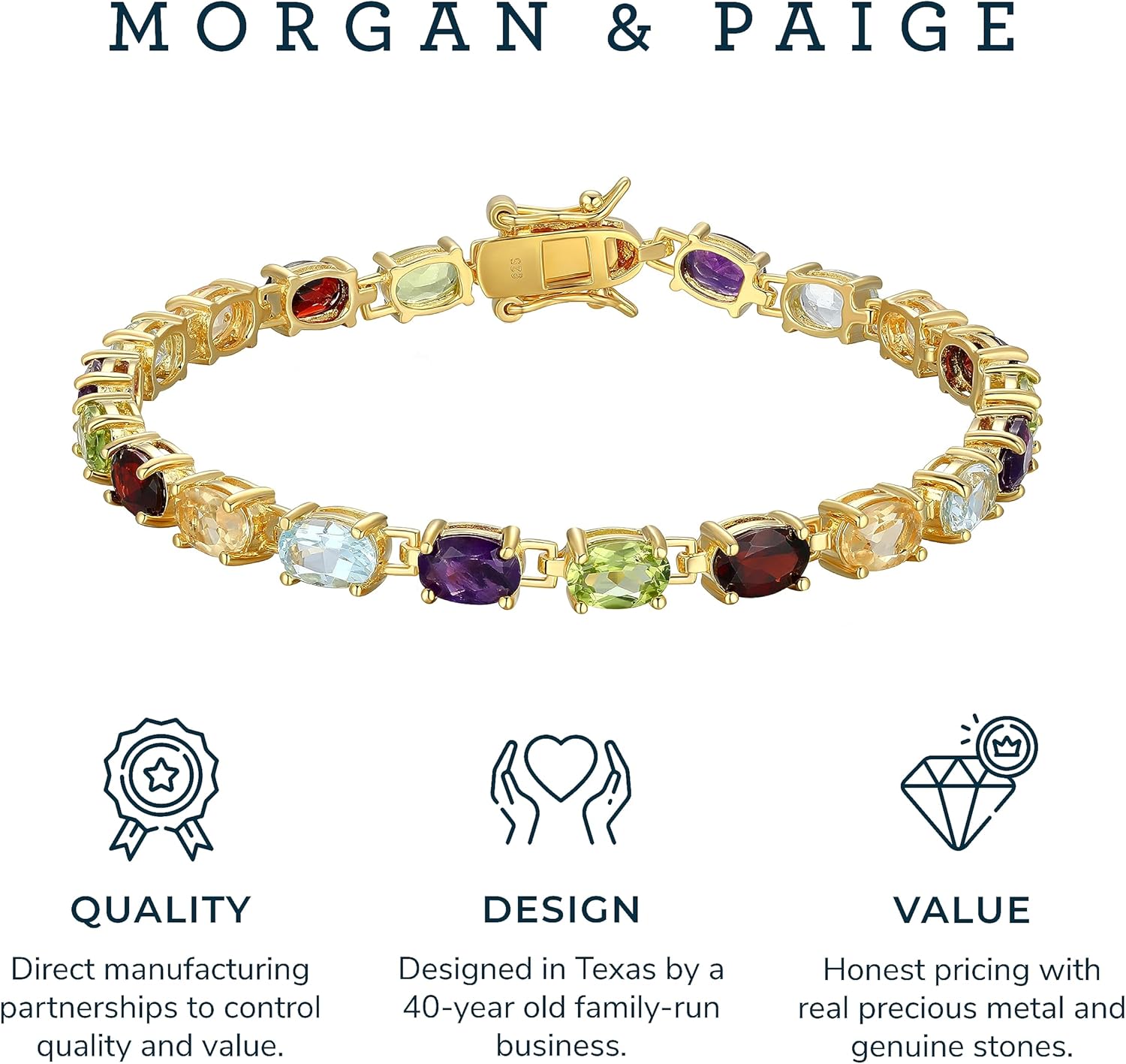MORGAN & PAIGE .925 Sterling Silver 18K Yellow Gold-Plated Five-Tone Genuine Multi-Gemstone Tennis Bracelets for Women, Hypoallergenic Silver Bracelets for Women Secure Box Clasp with Safety Latch 7in