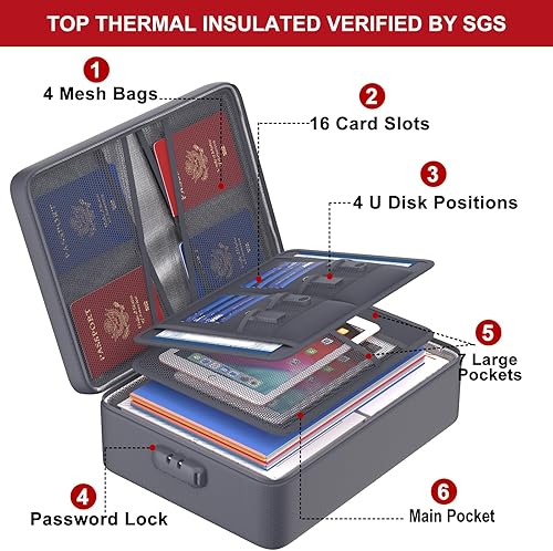 Miniatura 104 de ENGPOW Bolsa de documentos ignífuga de 5200°F con cerradura, caja ignífuga con aislamiento térmico mejorado, organizador de archivos de 8 capas