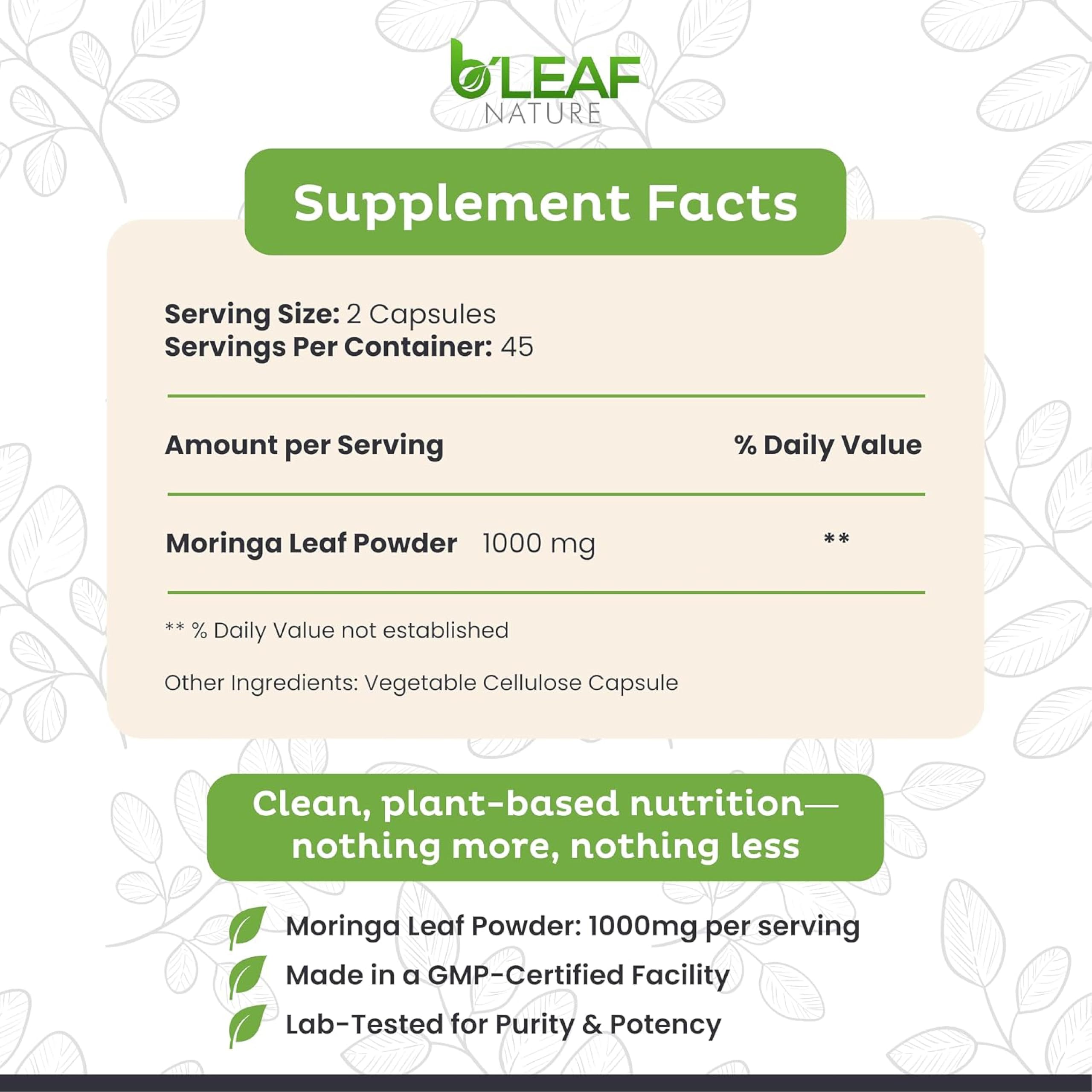 B'LEAF NATURE Moringa Leaf Vegan Capsules 1000mg Servings, 90 Count — Amazon image 2