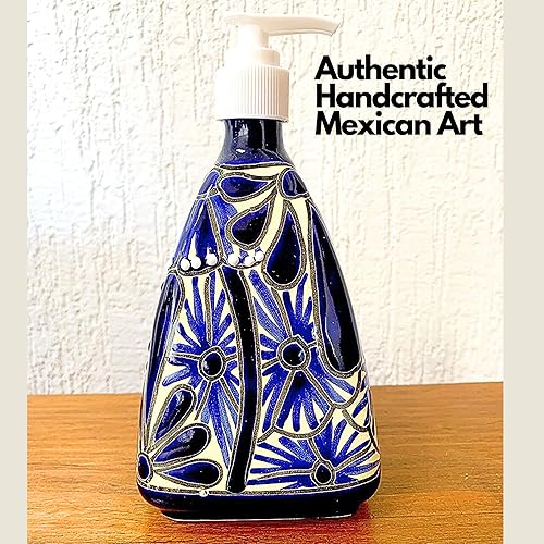 Miniatura 9 de Dispensador de jabón y loción de cerámica en forma de pirámide, para encimeras de cocina o baño - Cerámica mexicana pintada a mano azul y blanco -