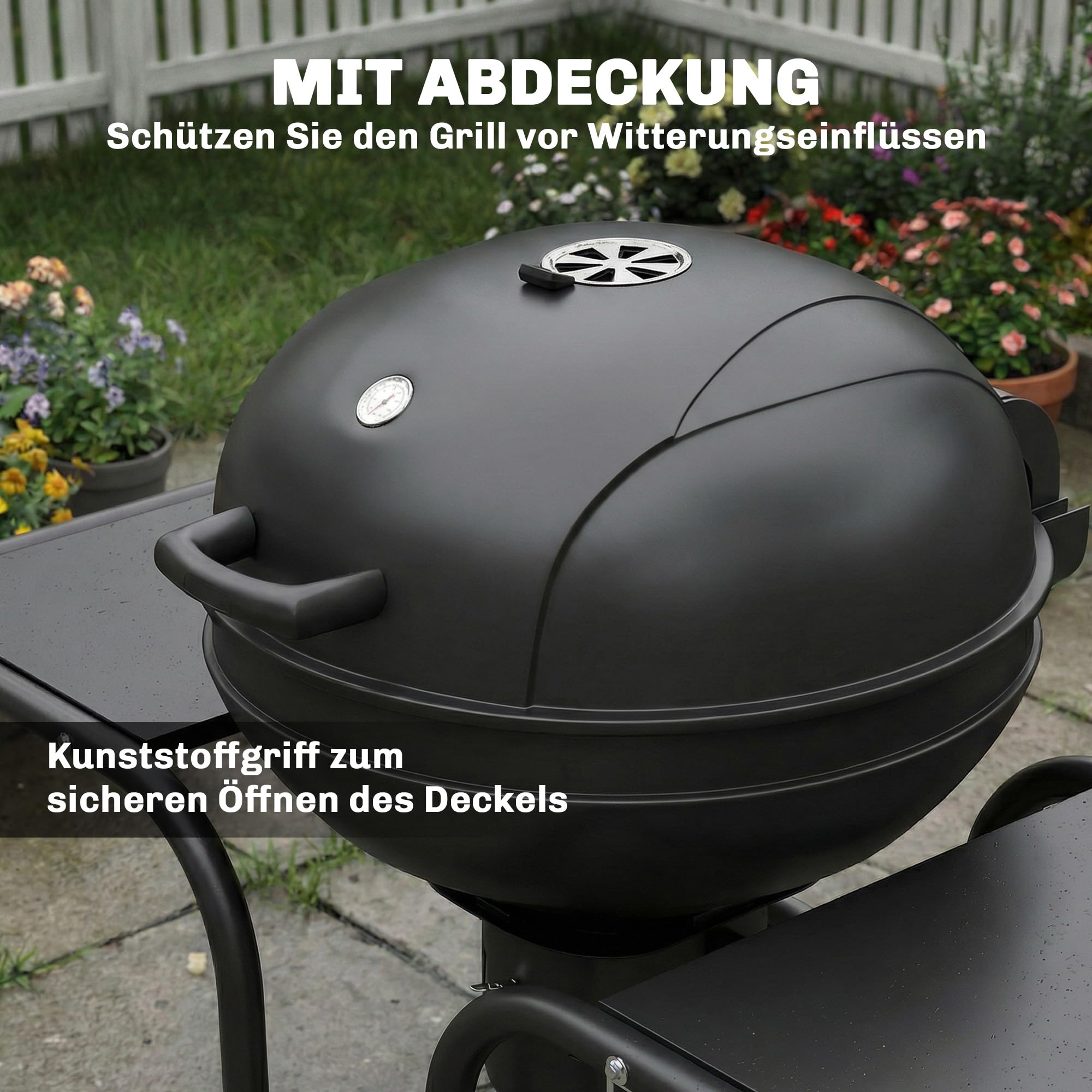 Outsunny grill węglowy kulisty z pokrywą 129 x 63,5 x 106,5 cm | Smoker, stoliki, koła, pojemnik na węgiel, wózek grillowy, termometr, grill węglowy na barbecue, camping, taras, ogród