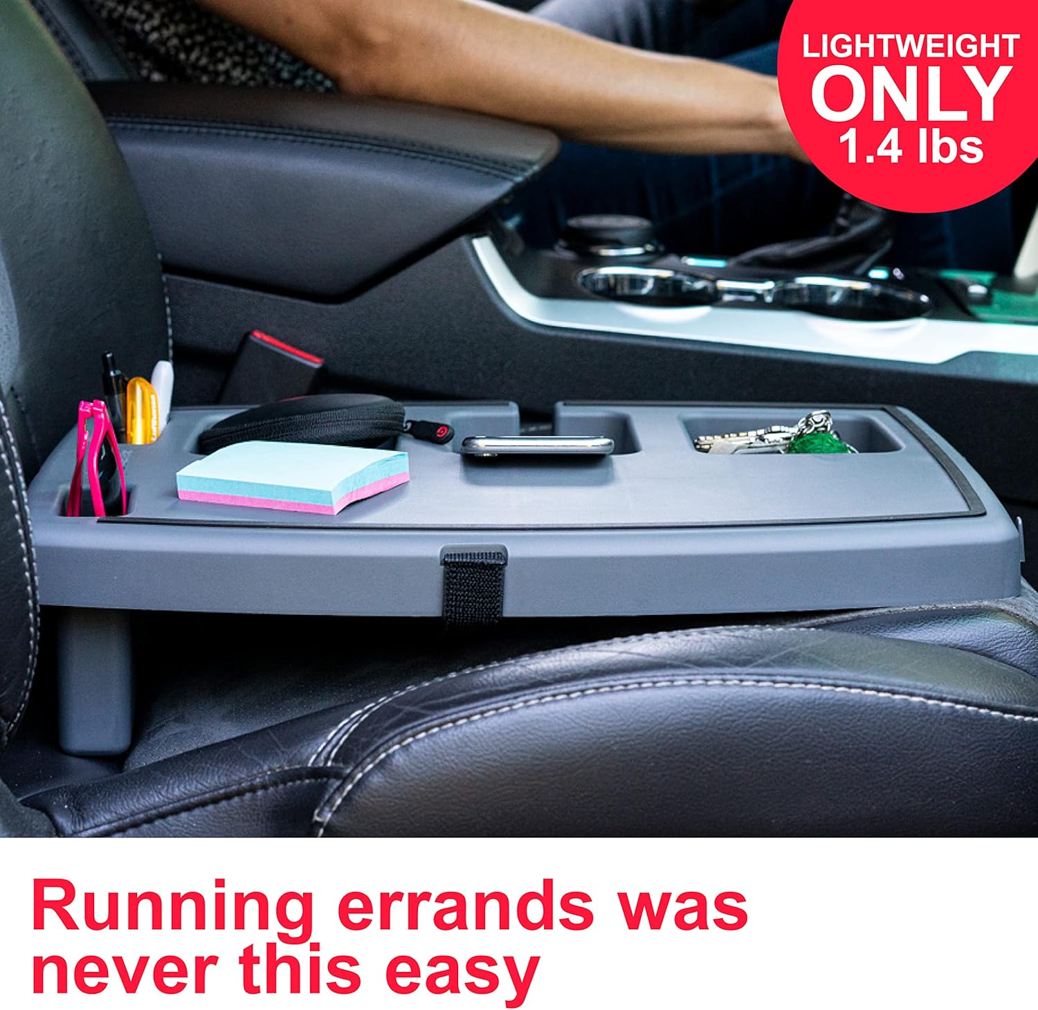 STUPID Car Tray - Classic Car Tray - Ultimate Car Organizer & Mobile Office - Includes 2 Elastic Straps - Quick-Release Seat Anchor - Dark Moon