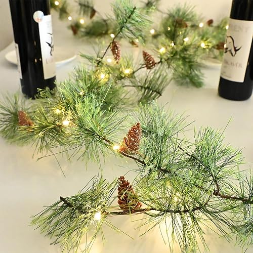 Miniatura 11 de Guirnalda de Navidad preiluminada con luces de 9.84 pies, guirnalda de pino ahumado, 40 luces LED de hadas, funciona con pilas, con temporizador,