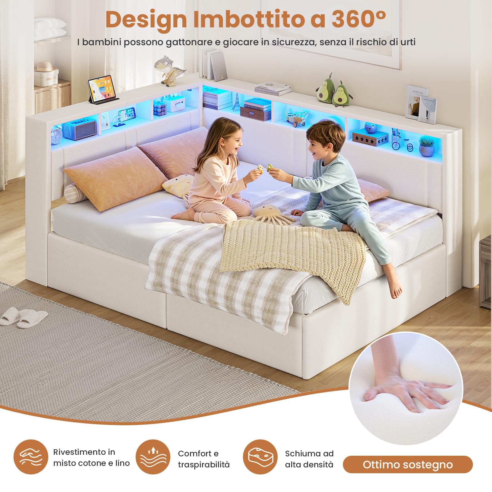 AOGLLATI Letto Singolo con Contenitore 90x200 cm, Letto Salvaspazio, Beige