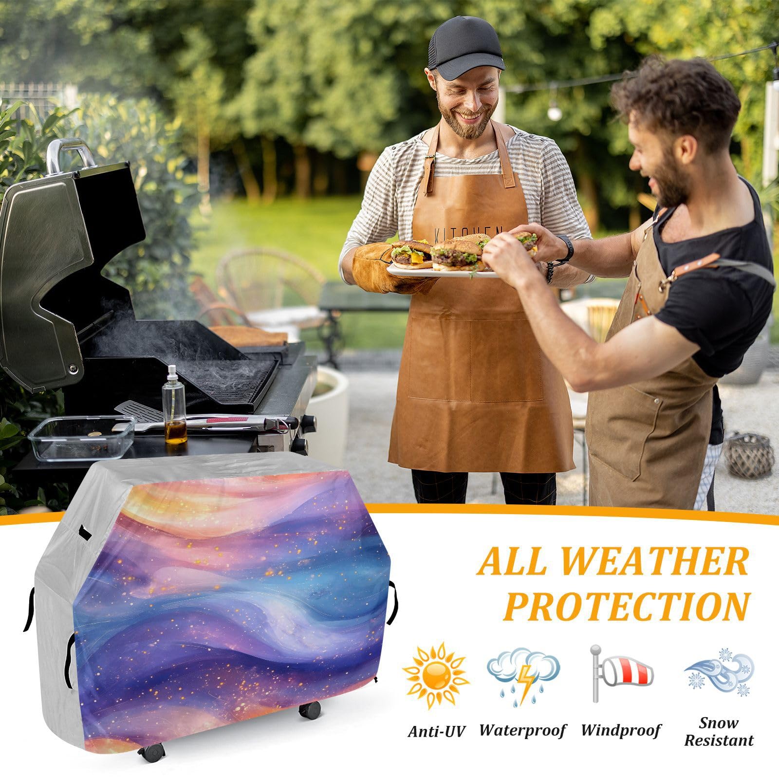 Funda para barbacoa de 65 pulgadas, resistente a la decoloración y a los rayos UV, para barbacoa al aire libre, color azul melocotón, morado