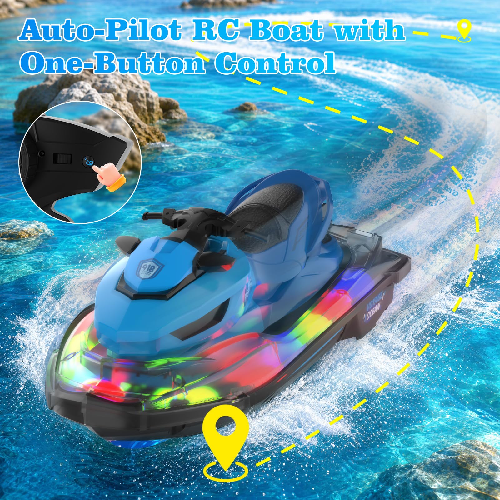 Barco RC, Barco Radiocontrolado Para Adultos Y Niños De 8 A 12 Años, Lancha Motor 2,4 GHz, Arranque Automático Y Luces LED, Aviso Batería Baja, Nave RC Totalmente Impermeable, Juguete De Verano
