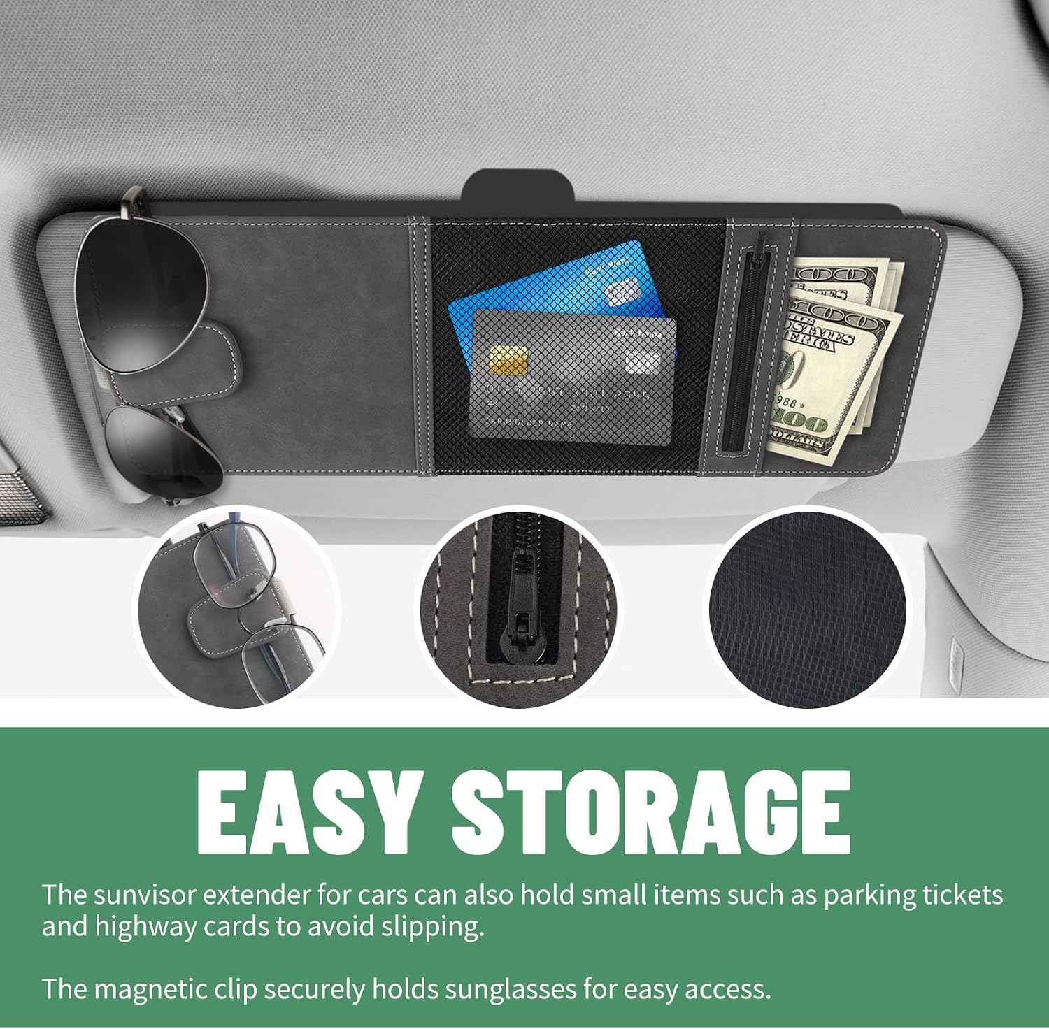 Polarized Sun Visor Extender for Car with Magnetic Car Sunglass Holder,Adjustable Clip-on Cars Visor Extender Sun Blocker with Storage Space,Anti-Glare Visors Extension for Cars Visors
