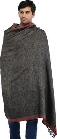 Exotic India Kullu Palla Mens Shawl with Kinnauri Woven Border - Color Black Ink