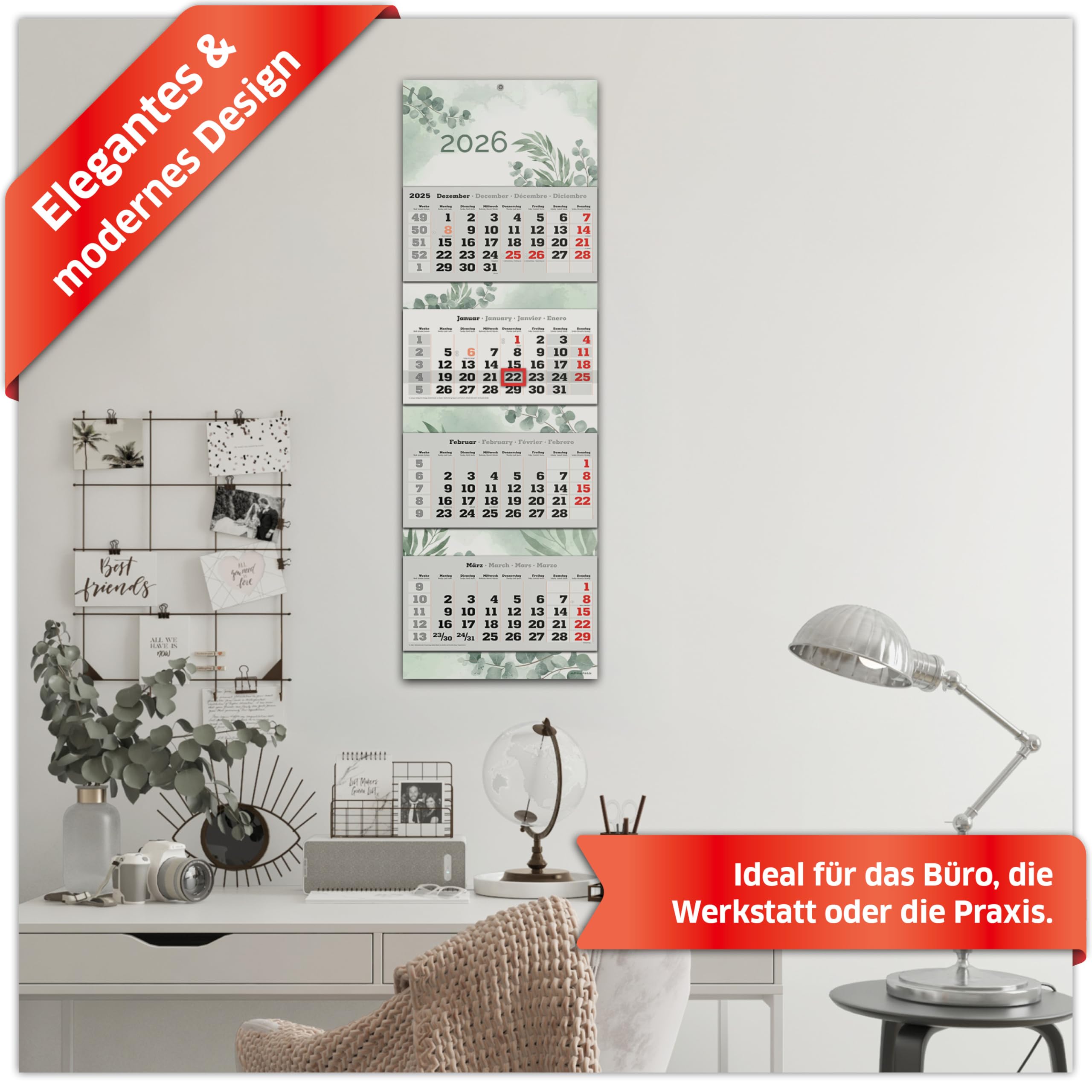 PRIMUS PRINT XXL Calendario 2026 – Multibloc Calendario de pared – Calendario de 4 meses – con fecha deslizante, calendario para colgar – Incluye días festivos y vacaciones – varios diseños – [1 x
