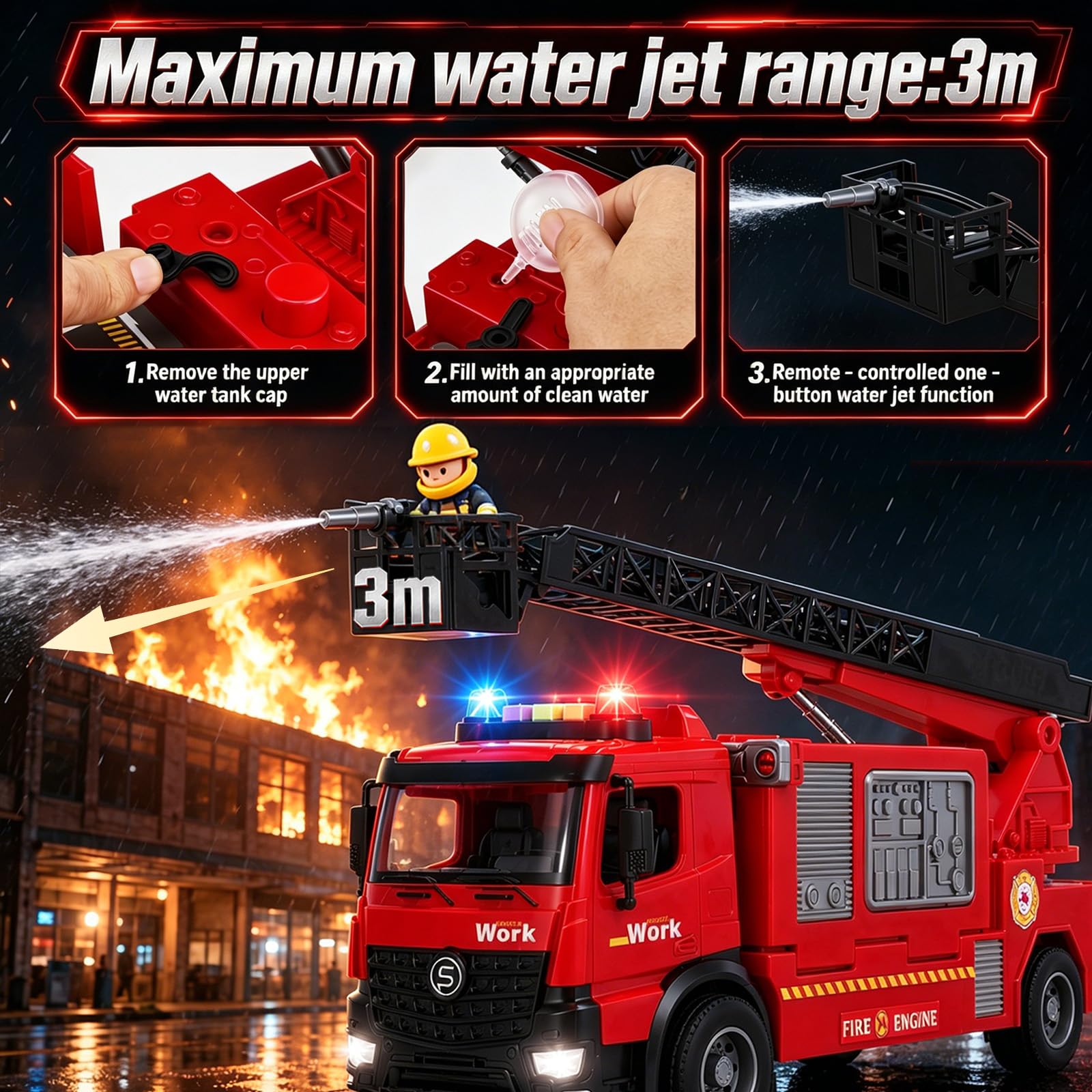 Camion Pompieri Grande, Camion Pompieri Giocattolo per Bambini da 2 3 4 Anni, Vigili del Fuoco per Bambini con Funzione Sprinkler, Pompiere Giocattolo, Luci e Suoni, Compleanno