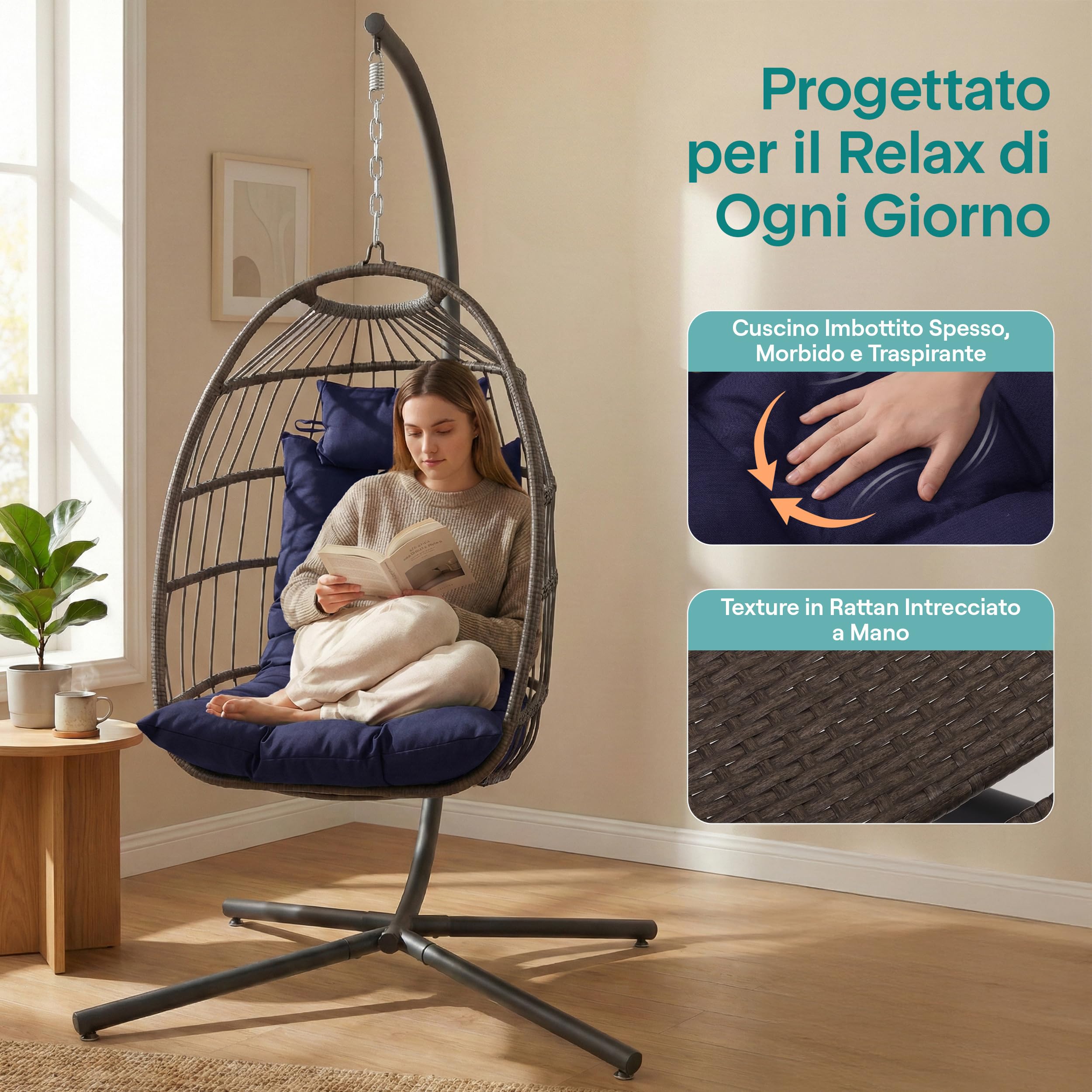 SereneLife Sedia a Dondolo a Uovo con Supporto, Capacità Fino a 250 Kg, Sedia Sospesa Poltrona a Dondolo in Rattan con Struttura in Acciaio Verniciato a Polvere per Casa e Giardino con Cuscino