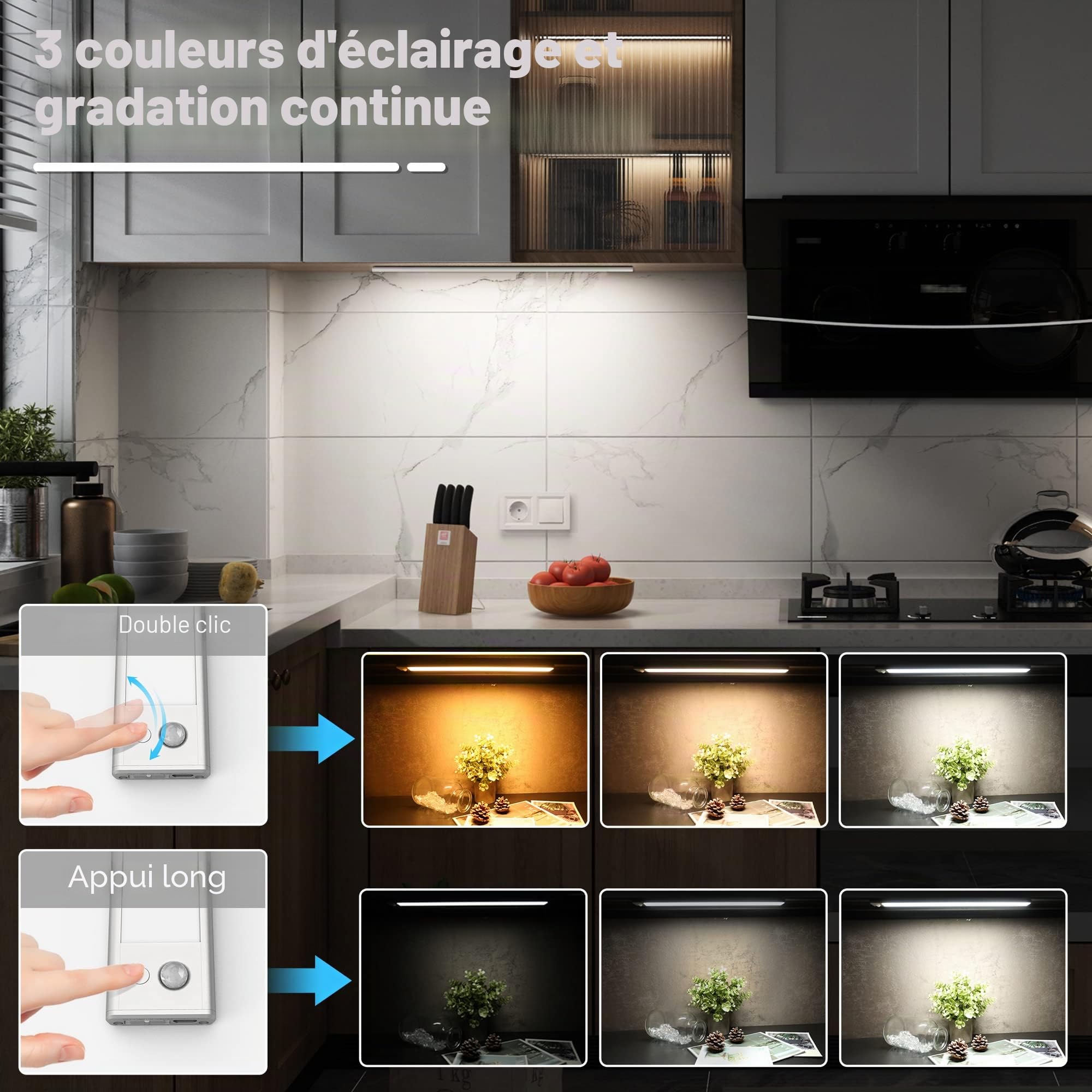 Led Lampe Dimmable de Placard 60cm, Applique Murale sans Fil avec Détecteur de Mouvement Interieur, Réglette Led Rechargeable sous Meuble Cuisine à 3 Modes d'Eclairage