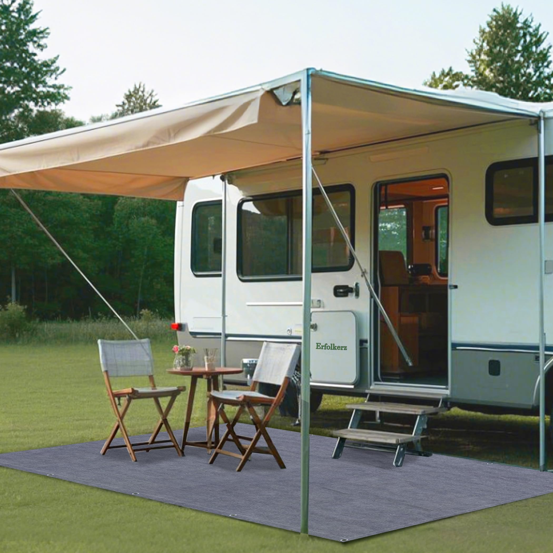 Erfolkerz Awning Carpet HDPE Outdoor RV Rug,Blue-Grey 9'*12