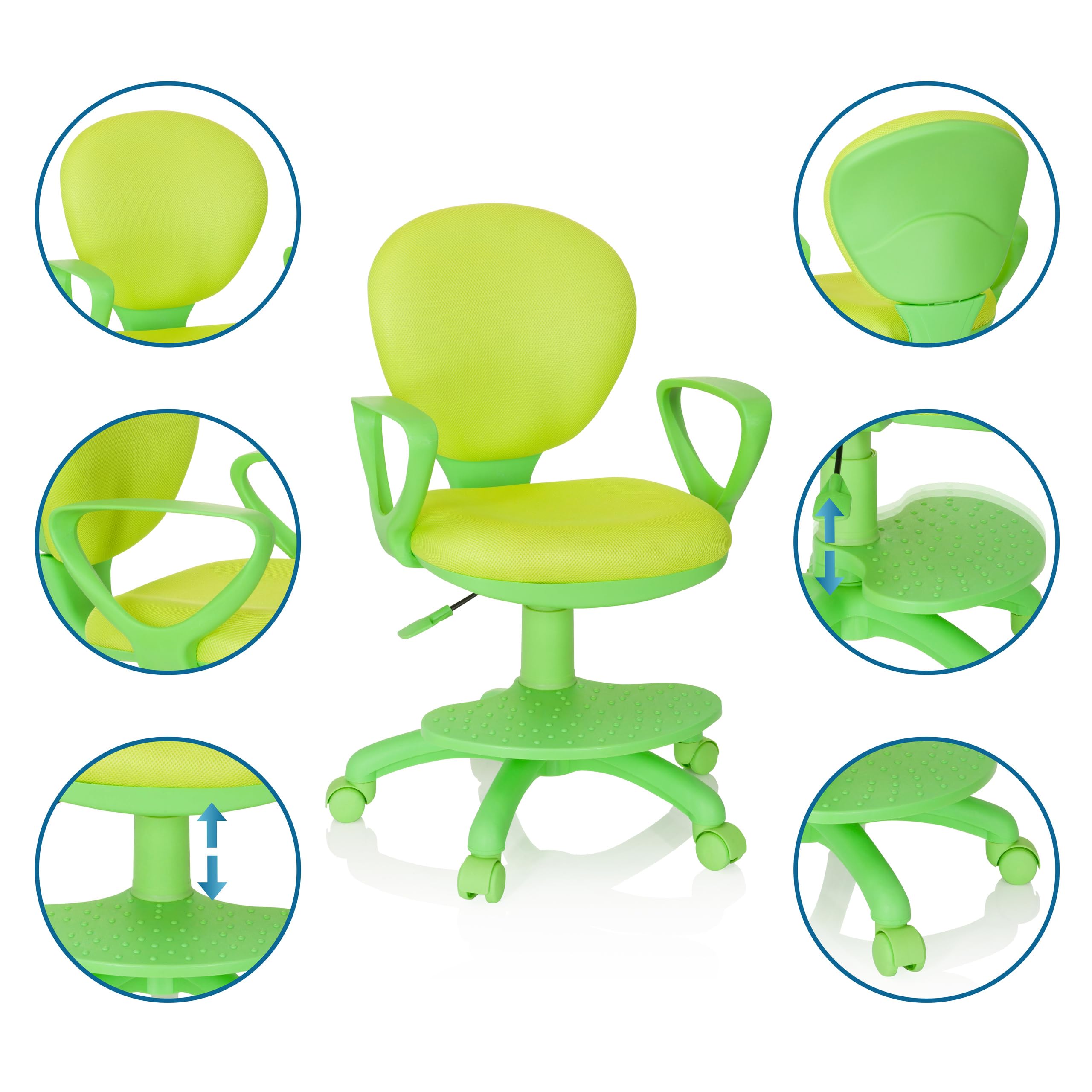 hjh OFFICE 670979 Kinderdrehstuhl Kid Colour Stoff Grün Schreibtischstuhl Kinder, Fußablage & Sitzfläche höhenverstellbar