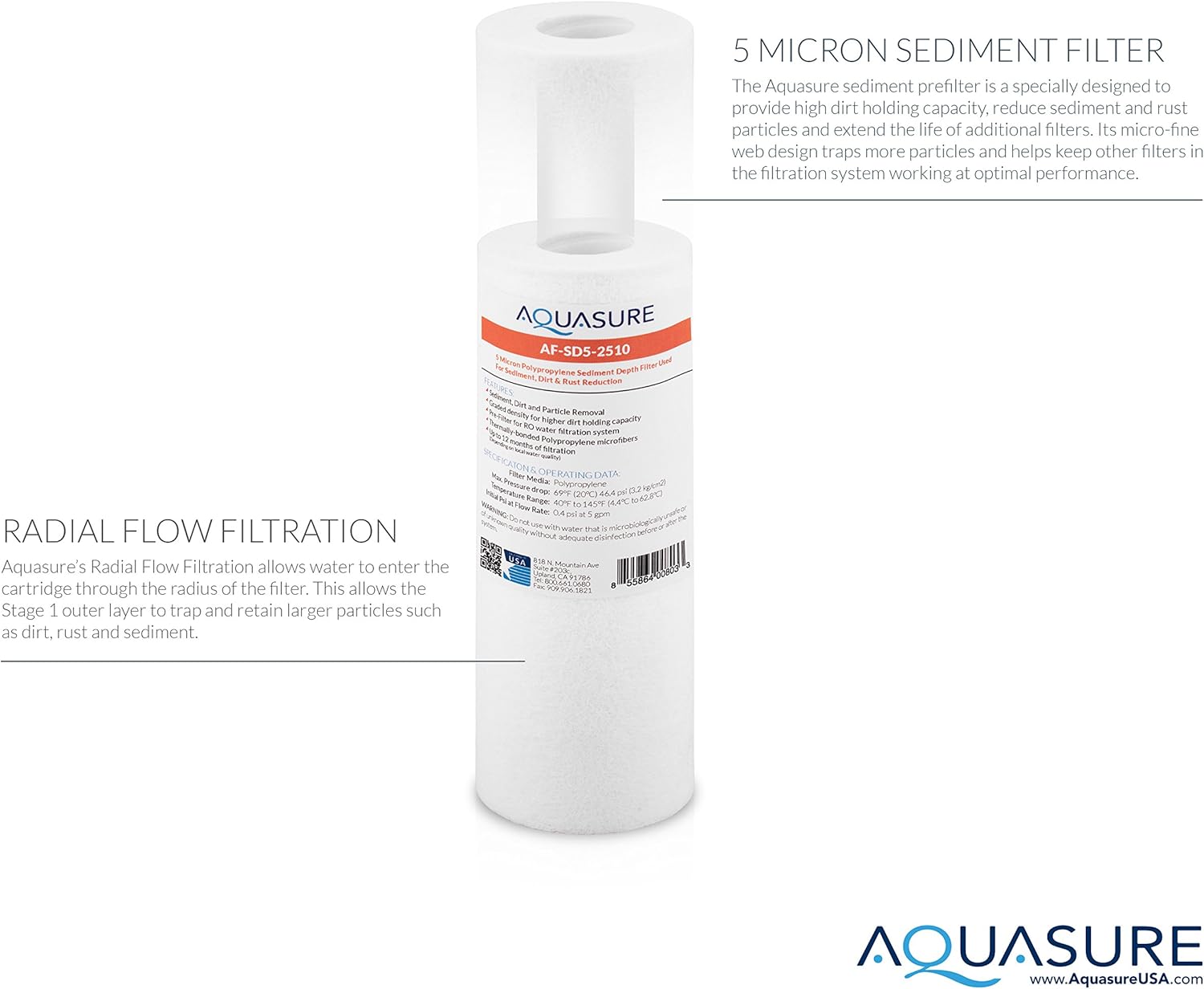 Aquasure Pioneer Series 5 Micron Replacement Filter for Reverse Osmosis & Under Sink Water Filter - 10" x 2.5"