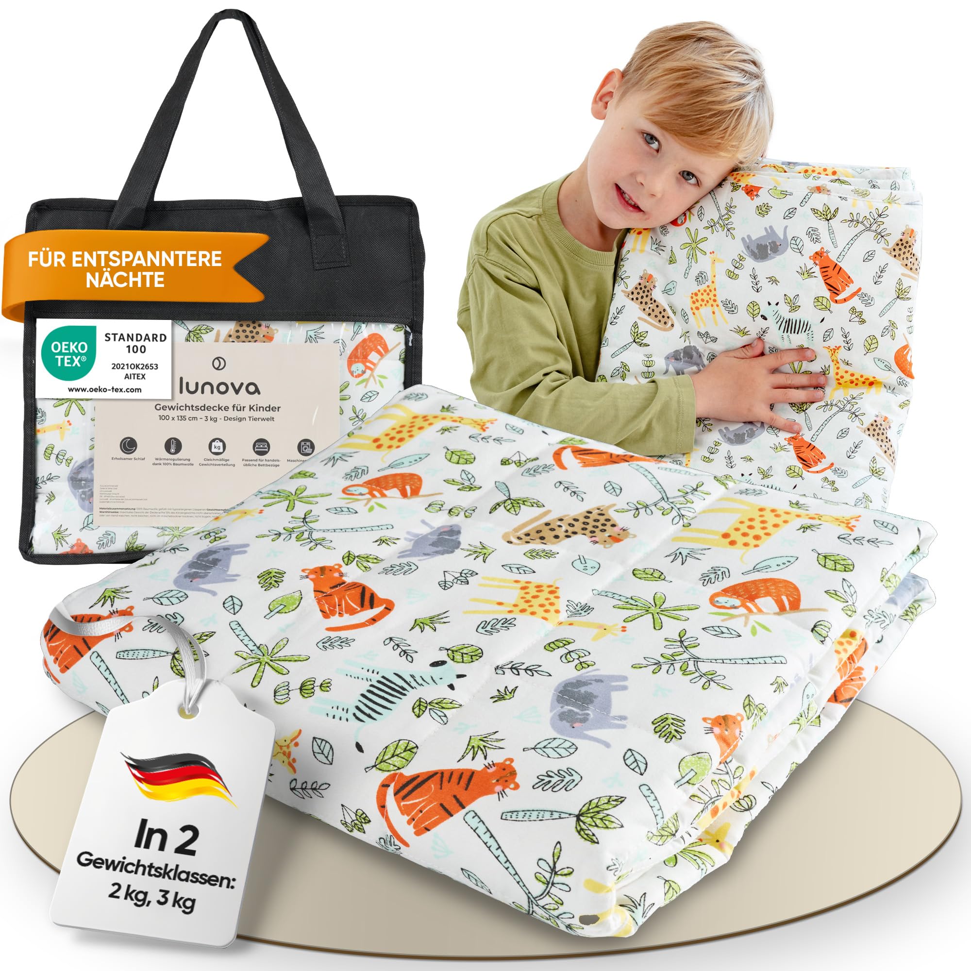 Lunova Design - Wildlife Weighted Blanket [New 2025] | 2 Kg | 90 X 120 Cm - Oekotex Cotton [Body Weight 15-25 Kg] Washable Therapy And Relaxation Blanket