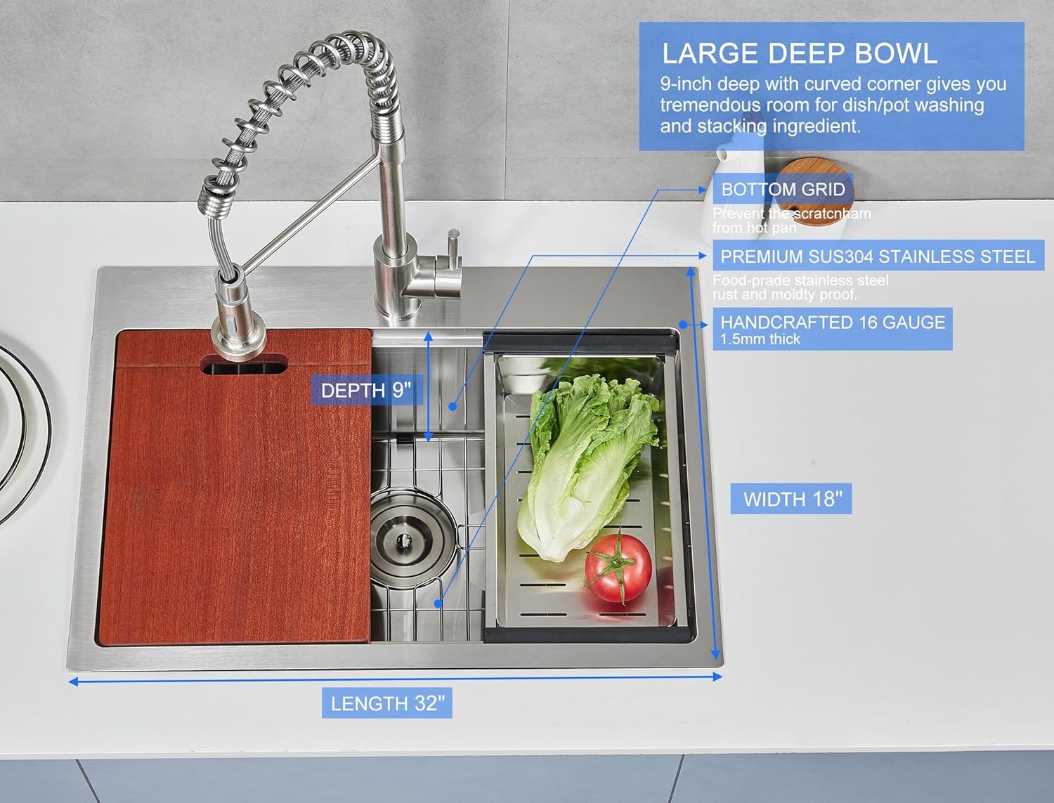 25-inch Workstation Kitchen Sink Drop In, 25x18 Inch 18 Gauge Stainless Steel Topmount Kitchen Sink Single Bowl with Cutting Board& Strainer