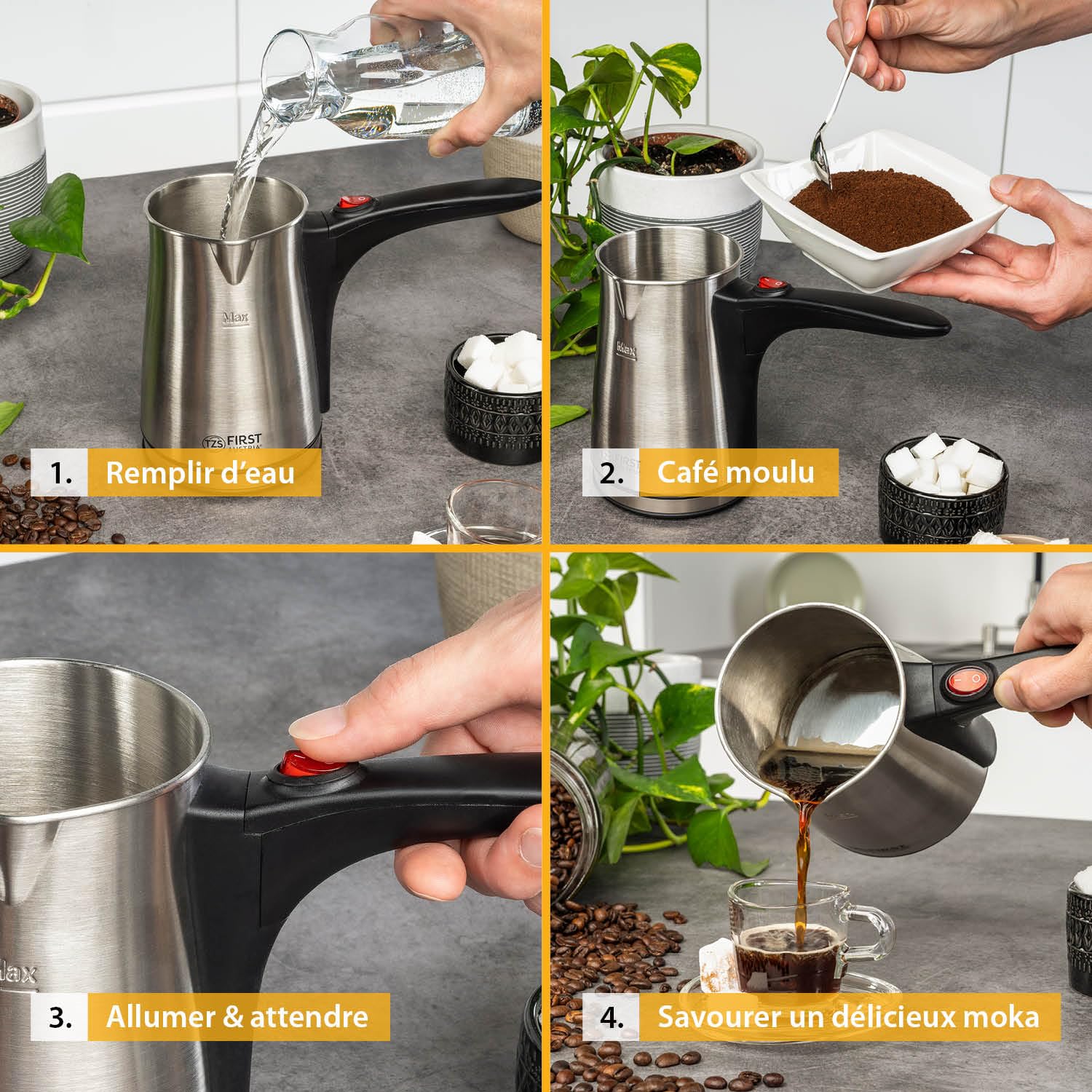 TZS First Austria Cafetière électrique 0,35 litre 800W | Bouilloire à moka, expresso & eau chaude | en acier inoxydable, avec poignée antidérapante | convient pour la maison, le bureau, les voyages