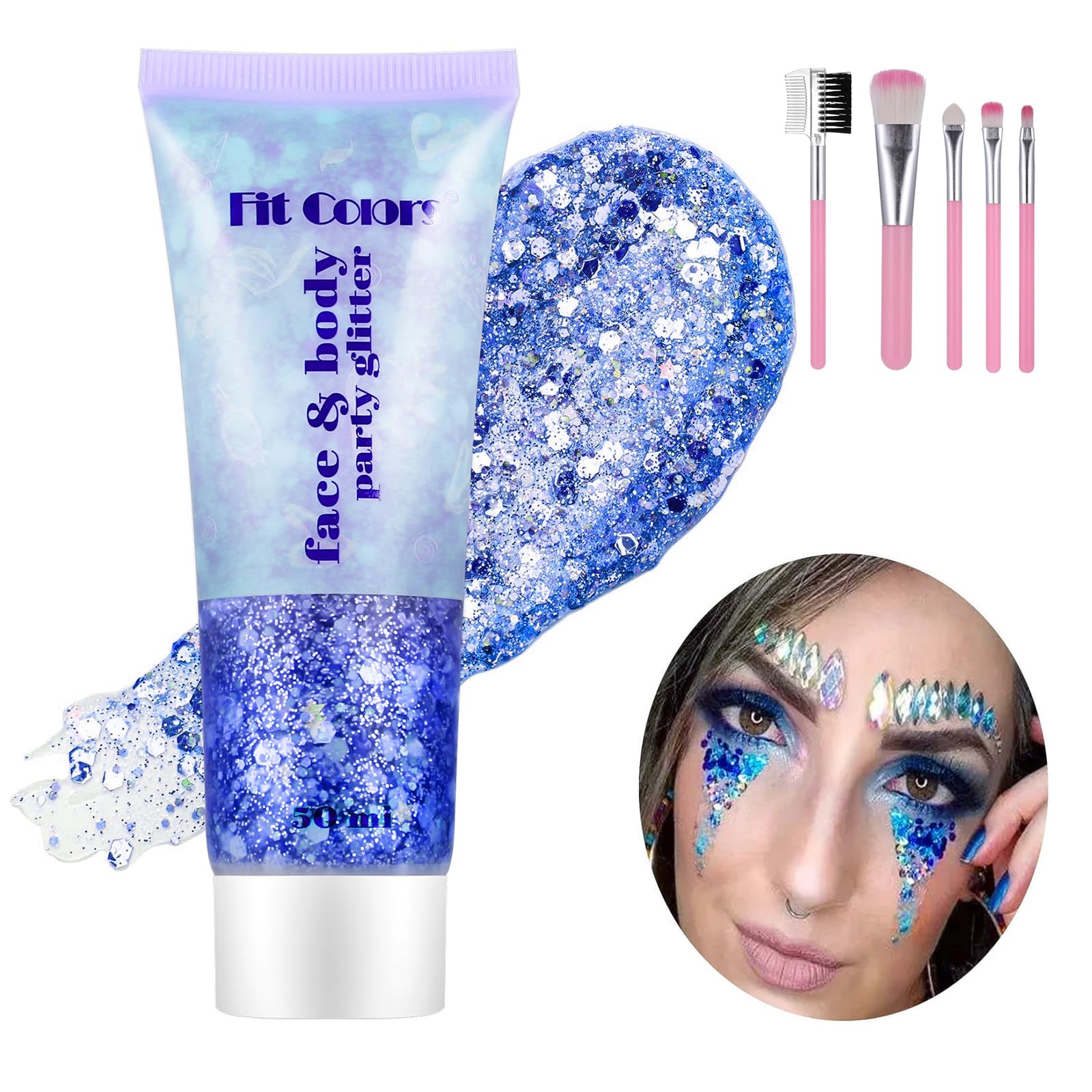 Huiguli Purpurina Cara Gel, 50ml Purpurina Pelo con 5 Brochas Maquillaje, Chunky Glitter para Rostro Cuerpo Cabello, Glitter Maquillaje para Halloween Niños Navidad Festival (Azul)