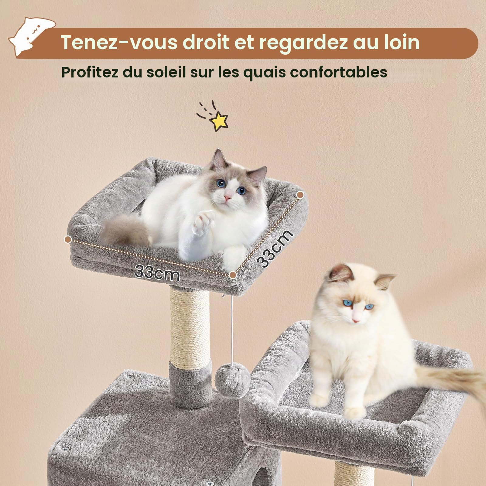 MSmask Grand arbre à chat stable en L avec 2 plateformes, 2 niches pour chats, hamac, colonnes en sisal, arbre d'escalade à plusieurs étages pour chats (gris clair, 160 cm)