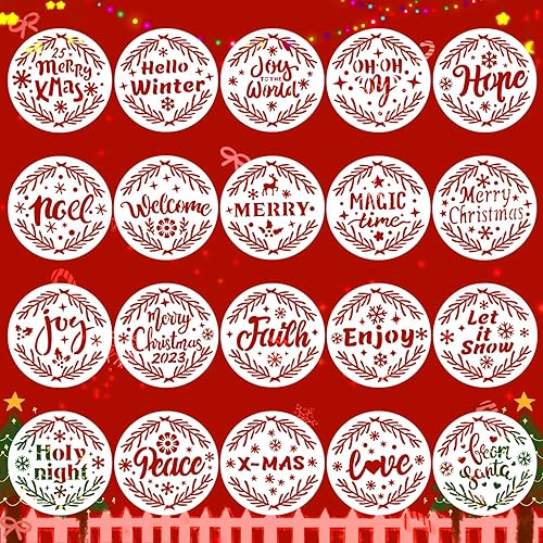 20 plantillas navideñas para pintar sobre madera, 3 x 3 pulgadas, pequeñas plantillas reutilizables de Feliz Navidad, plantillas redondas para