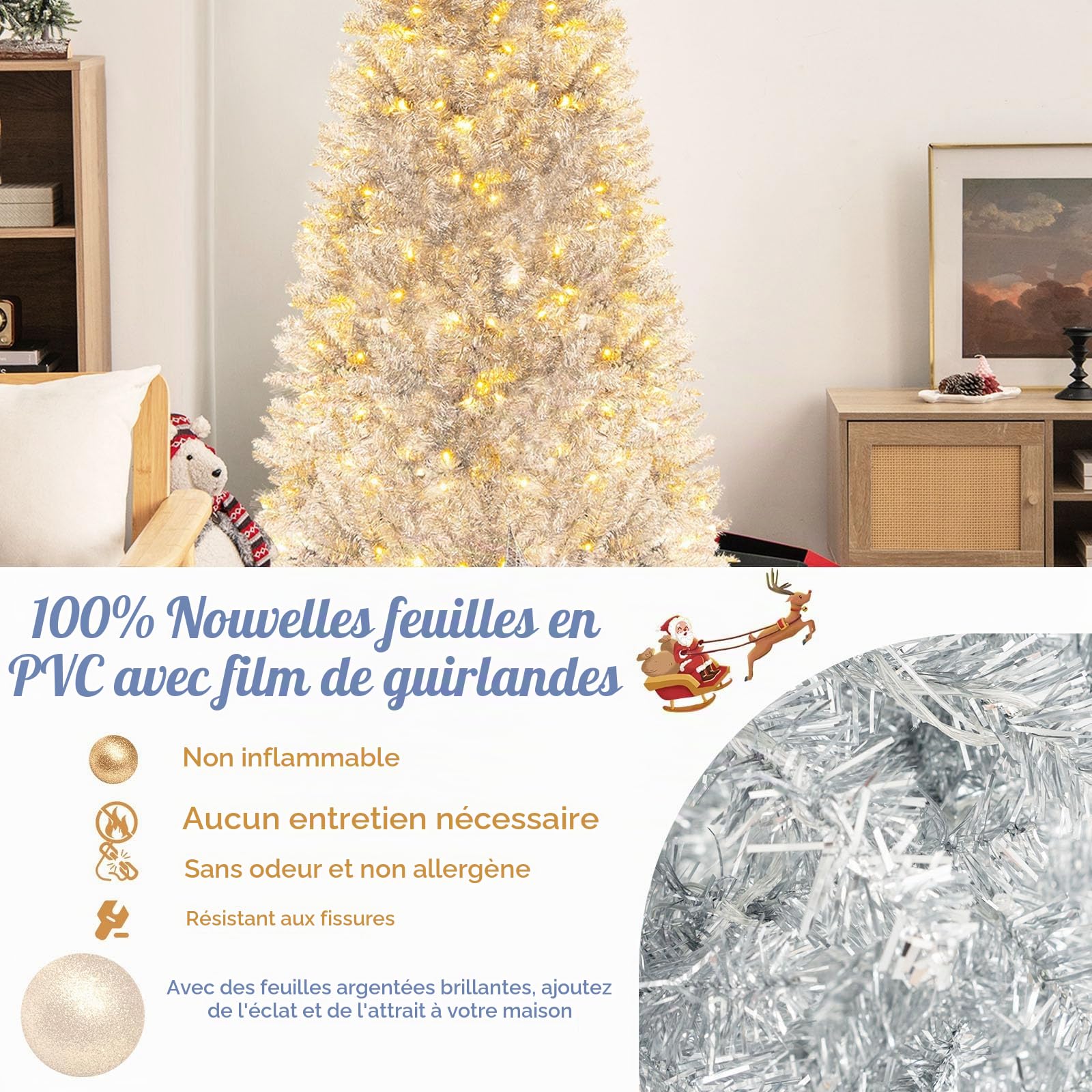 LIFEZEAL Sapin de Noël Crayon LED Argent Élancé 180cm | Arbre de Noël artificiel réaliste avec 300 lumières LED et 790 branches