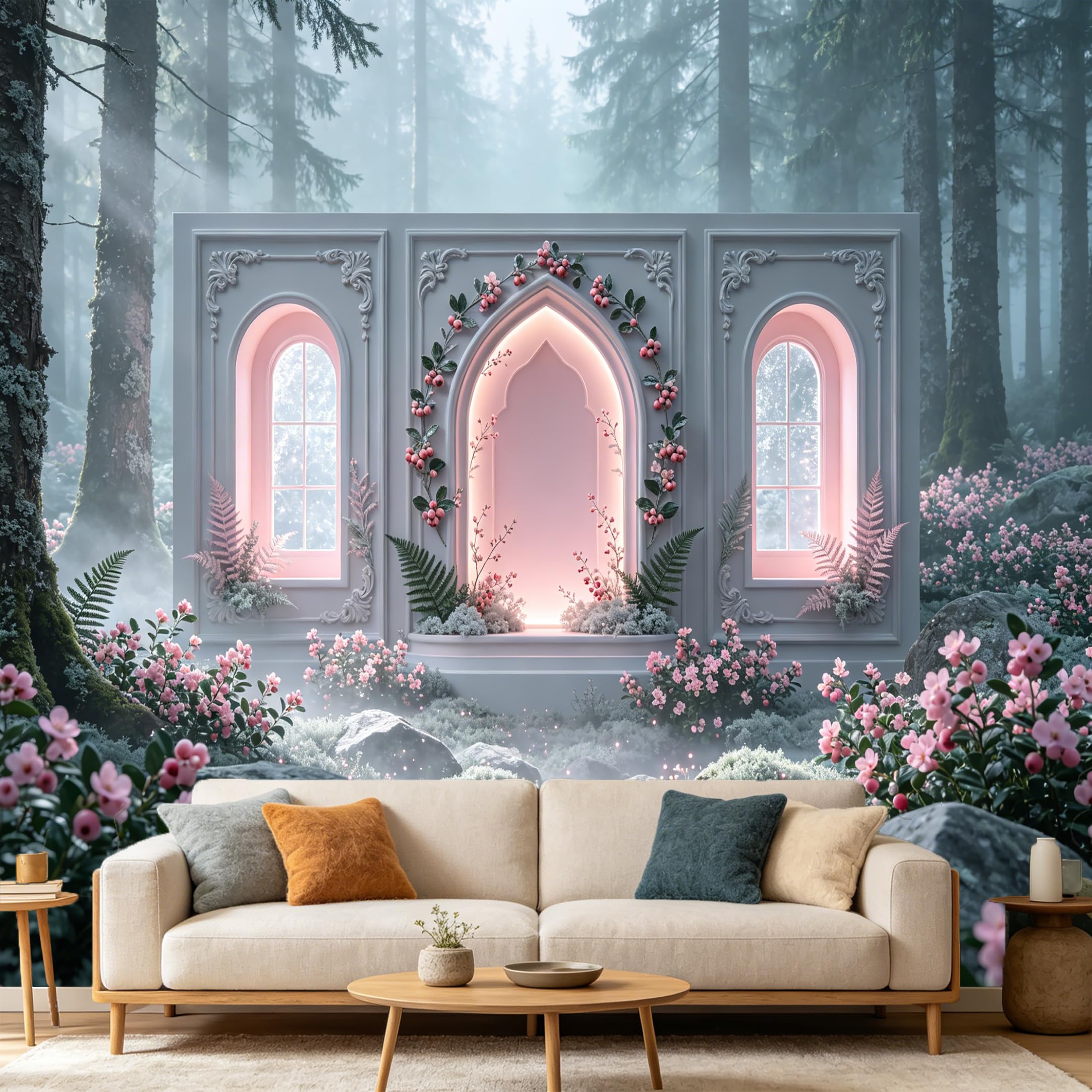 Custom Size Wall Mural， 3D Archway Pink Flowers Forest Landscape， SelfAdhesive Art Prints wall Fabric Removable Large Wallpaper Home Living Room Decor， Elegant Botanical Backdrop