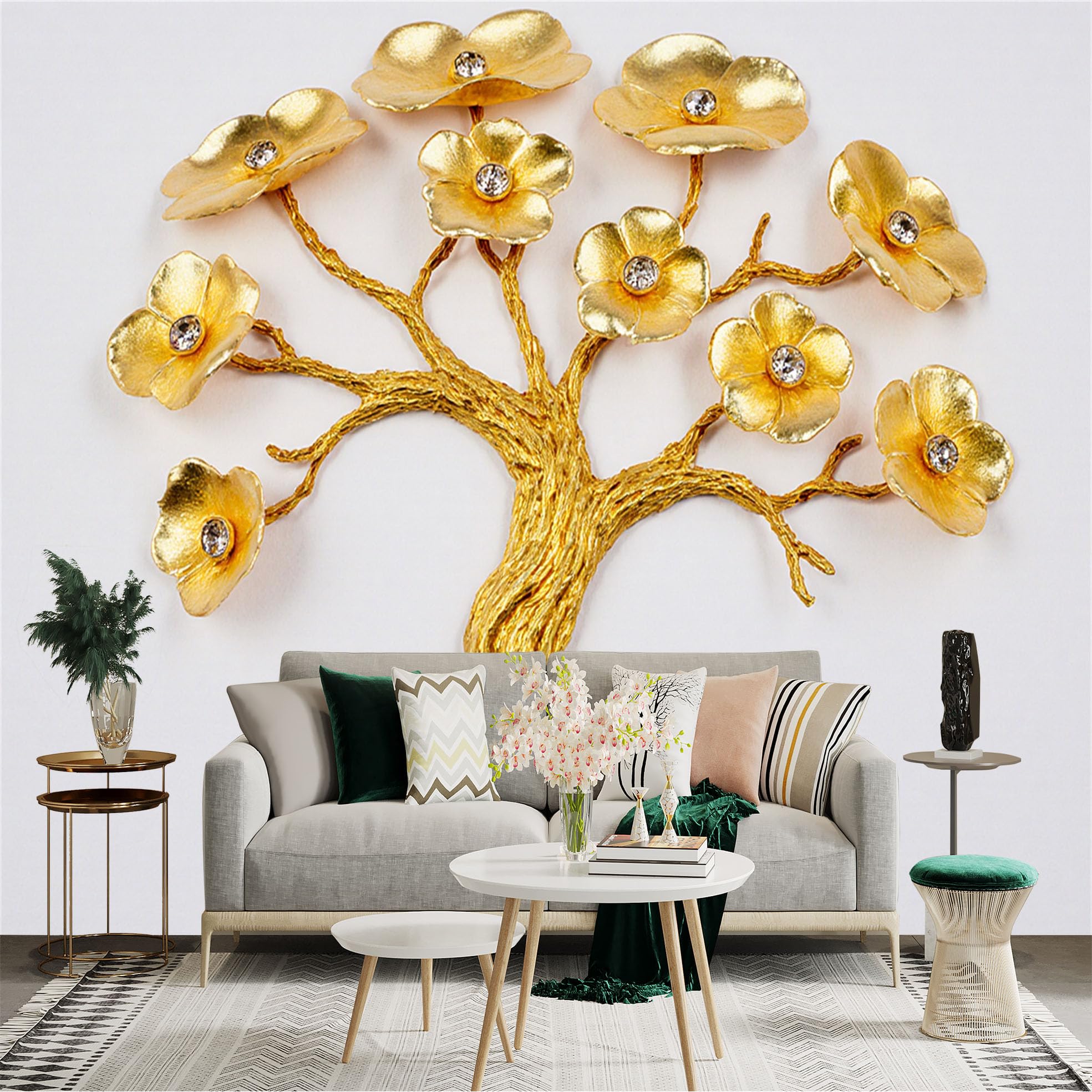 Custom Size Wall Sticker Mural， Golden Tree with Sparkling Gems， Luxury Floral Art， Metallic Botanical Decor， for wall Decoration， peelandstick wall Decals.