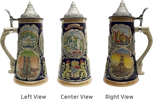 Miniatura 4 de Essence of Europe Gifts Jarra de cerveza alemana con tapa de 1 litro – Neuschwanstein Village Scenes Beer Steins Mug – Jarra Cervecera Alemana Stein