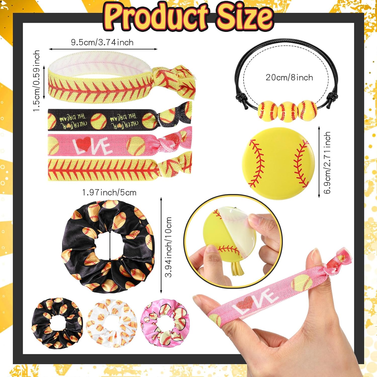 72 Pcs Softball Party Favor Softball Team Gifts Bulk Softball Accessories Softball Goodie Bags Include Mirrors, Drawstring Bags, Tassel Keychains, Hairbands, Bracelets, Bands