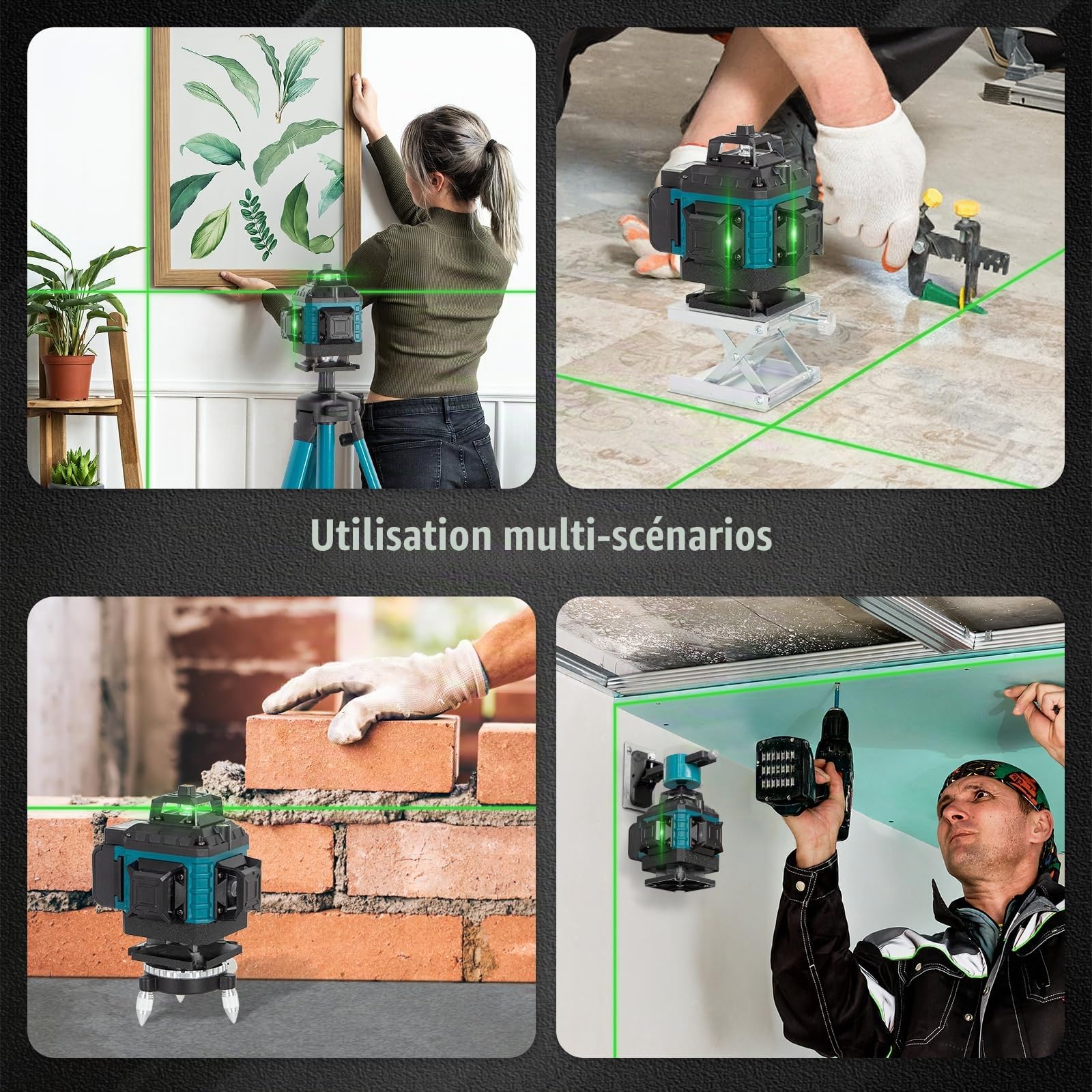 Todeco Laser Chantier Niveau Laser 4 x 360° 4D 16 Lignes Auto-Nivelant | Mode Impulsion ExtéRieur, avec 2 x 3000mAh Batterie & Affichage LED, Télécommande et Trépied, Étanche et Anti-Poussière