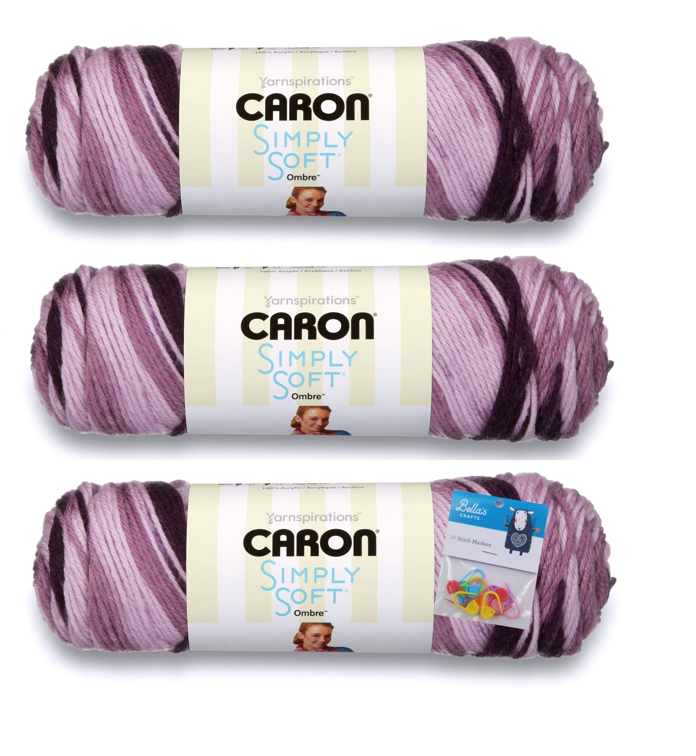 CaronYarn Simply Soft Grape Purple 3-Pack Bundle with Bella's Crafts Stitch Markers