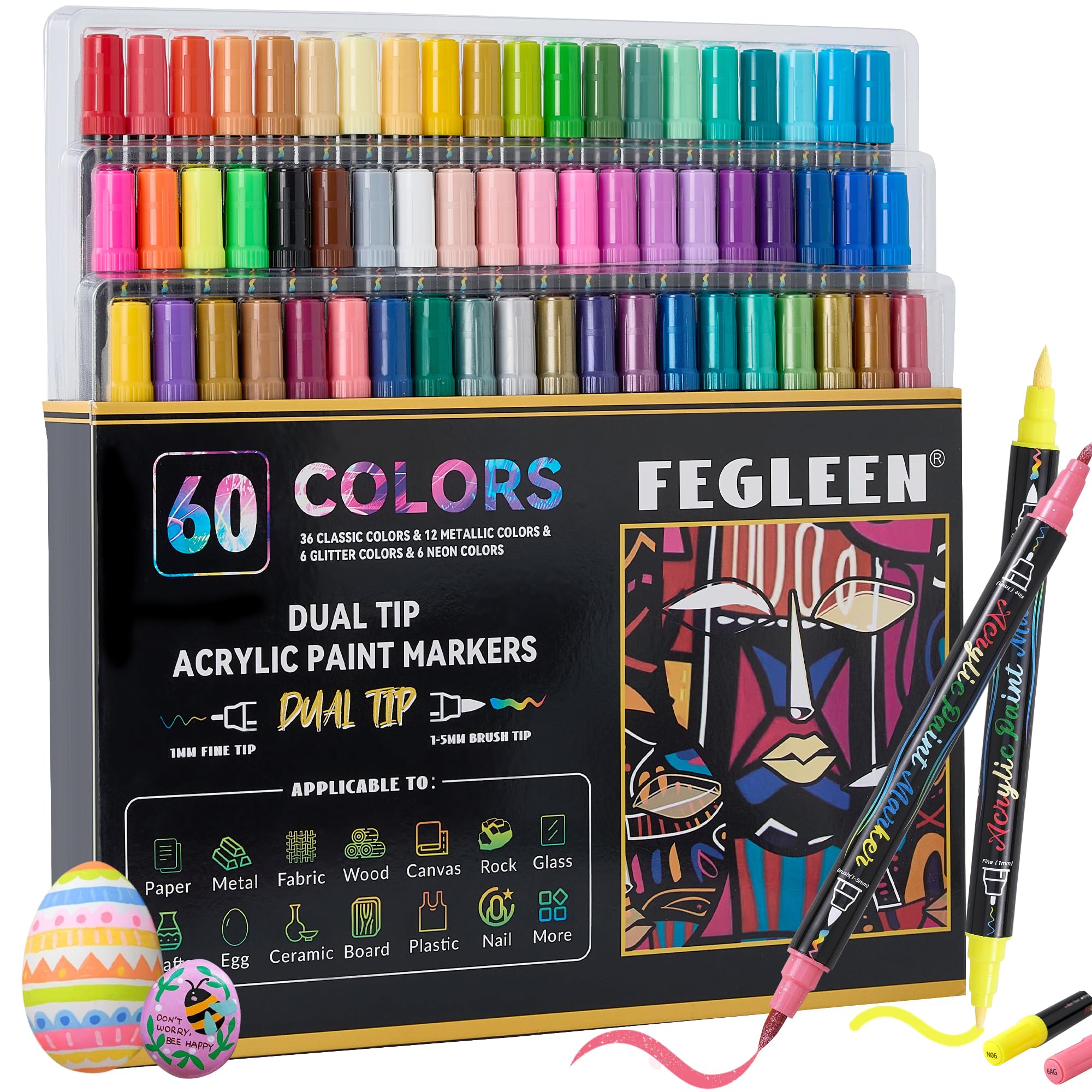 FEGLEEN 60 Colors Acrylic Paint Markers