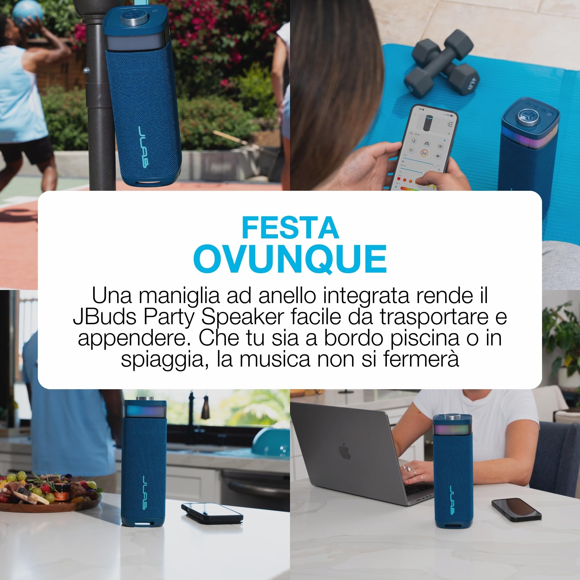 JLab JBuds Party Cassa Bluetooth Portatile - 12+ ore, Blu Navy | Altoparlante Wireless da 30W per Esterni e Viaggi con Luci RGB e Audio Potente, Resistente all'Acqua IP56