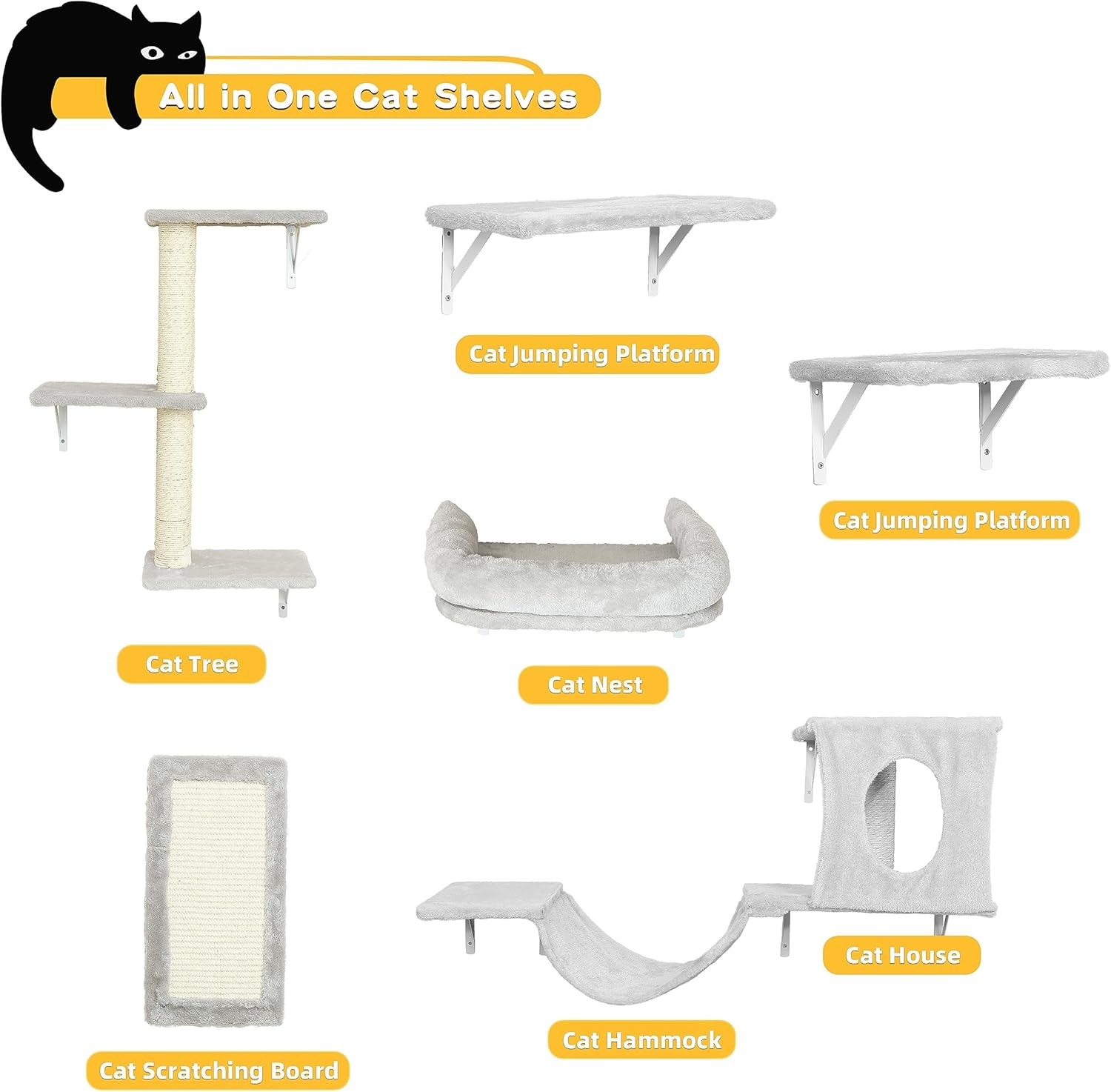 NUNU LAB Cat Wall Shelves, Cat Walls Mounted Climber Set, 6-in-1 Cat Climbing Furniture, Cat Scratching Post, Cat House, Cat Bridge, Cat Steps, Cat Climb Board & Cat Hammock, for Indoor Drywall, Gray