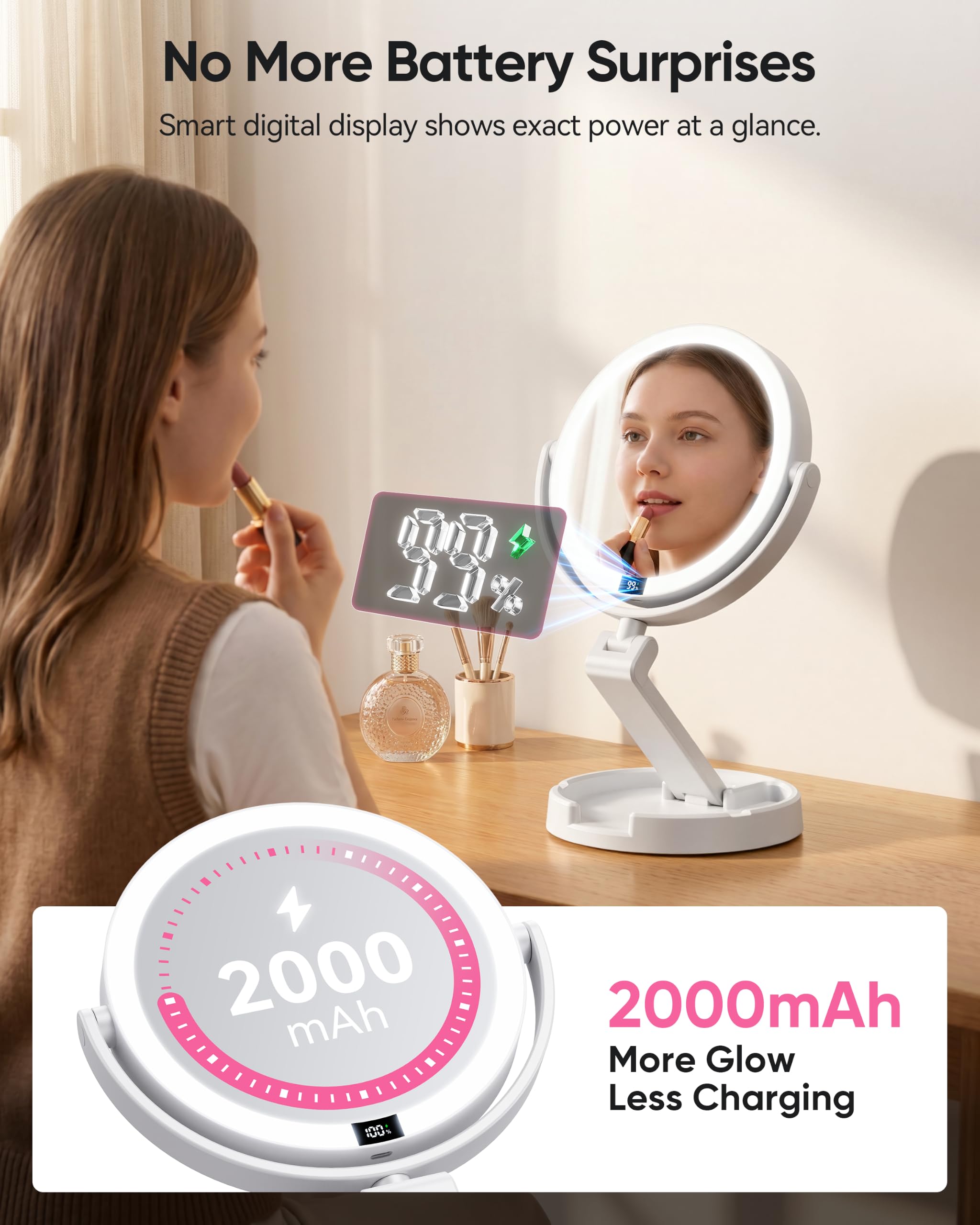 Specchio per il trucco con luci, ingrandimento 1X/30X su entrambi i | Illuminazione a 3 colori e oscuramento continuo, 2000 mAh ricaricabile, pieghevole portatile, 17,8 cm